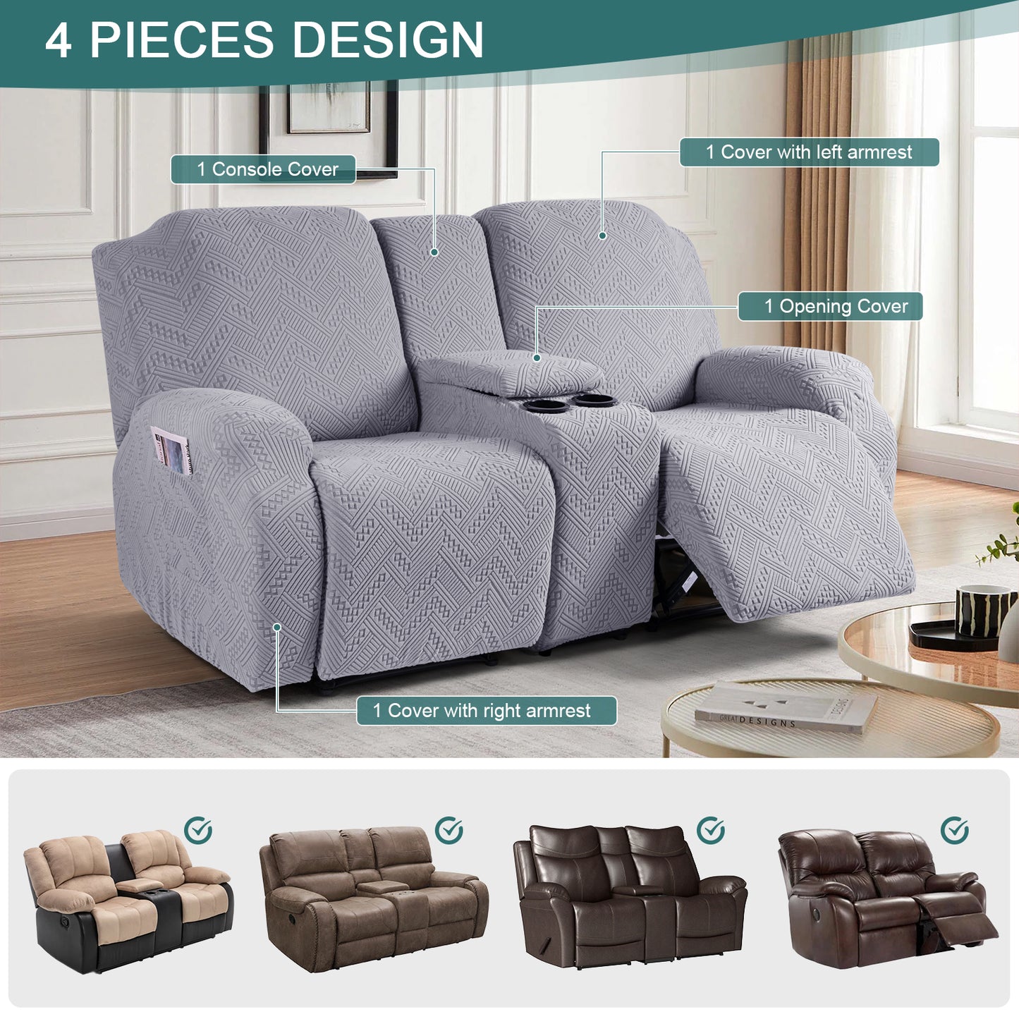 TAOCOCO-Recliner Loveseat Slipcover with Console Reclining Couch Slipcovers-FLG