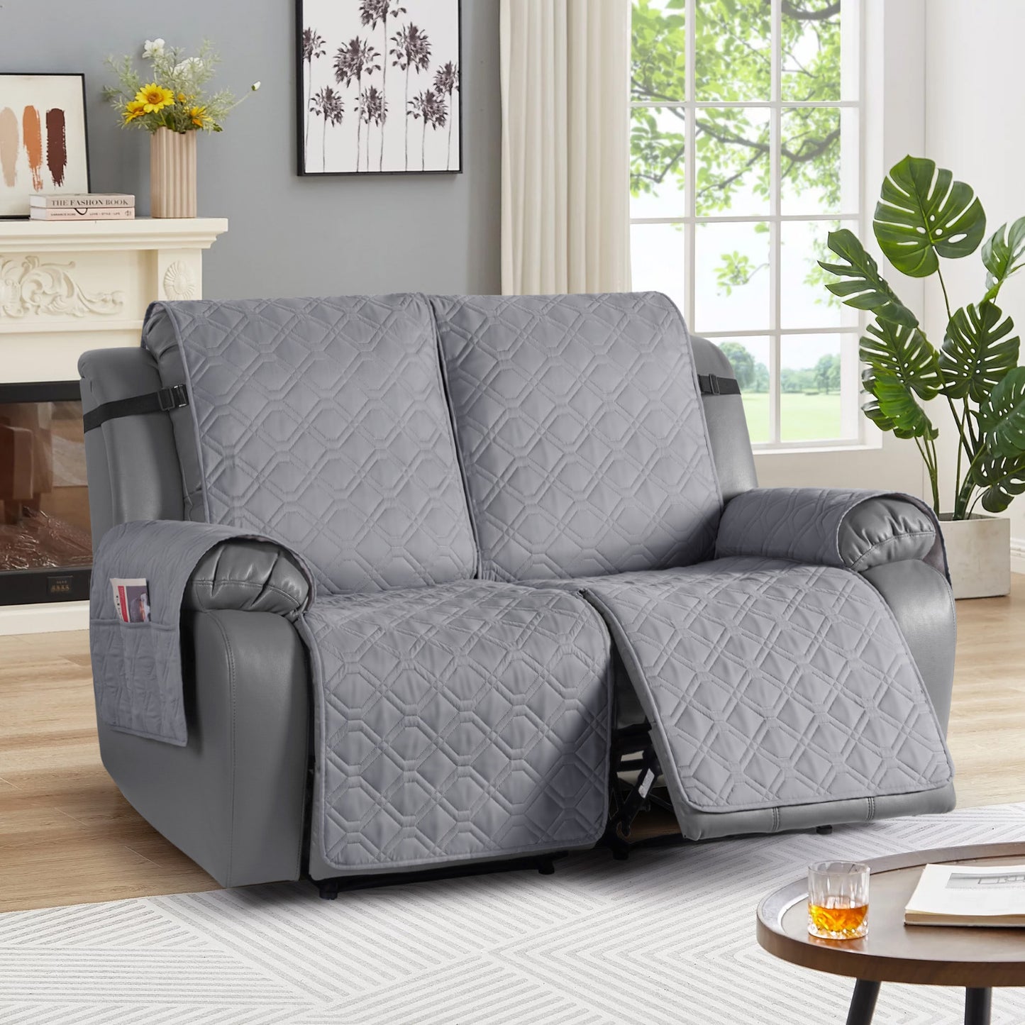 TAOCOCO 2 Seater Recliner Sofa Cover - Waterproof & Anti-Slip Armchair Slipcover - Reclining Chair Protector with Storage Pockets - Washable Furniture Cover for Dogs & Cats (Light Grey)