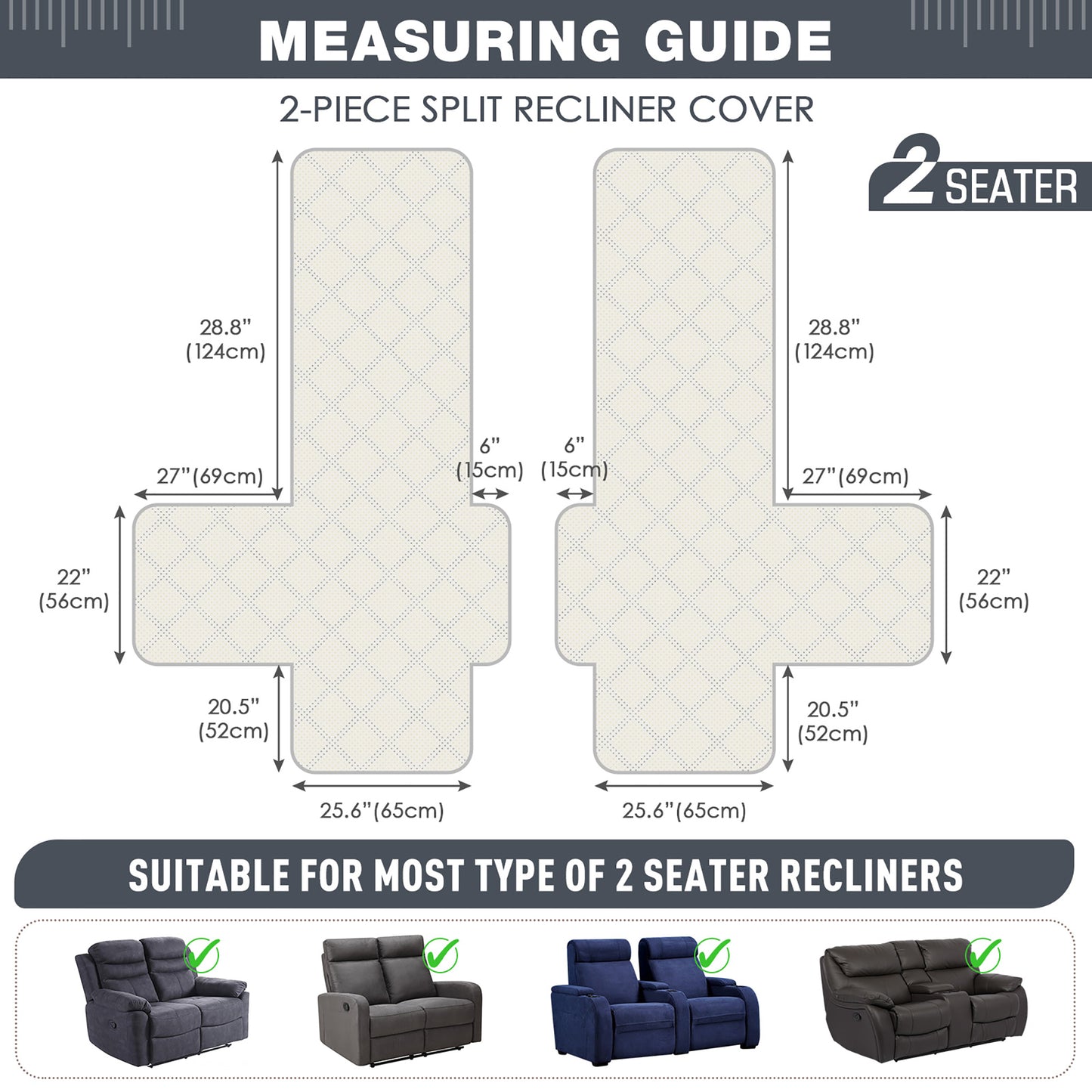 TAOCOCO Non-Slip Waterproof Recliner Sofa Covers- 2/3 Seater