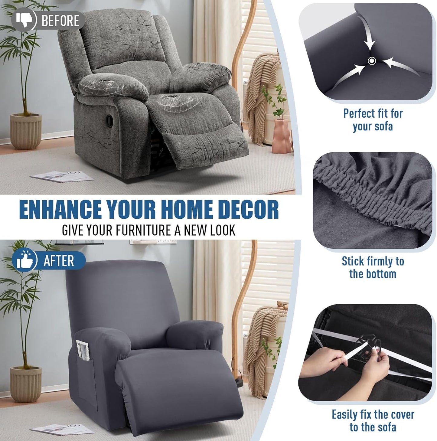 3-Piece Stretch Polyester Covers for Large Recliners - 1 Seat/2 seat/2 Seat Oversized/3 Seat