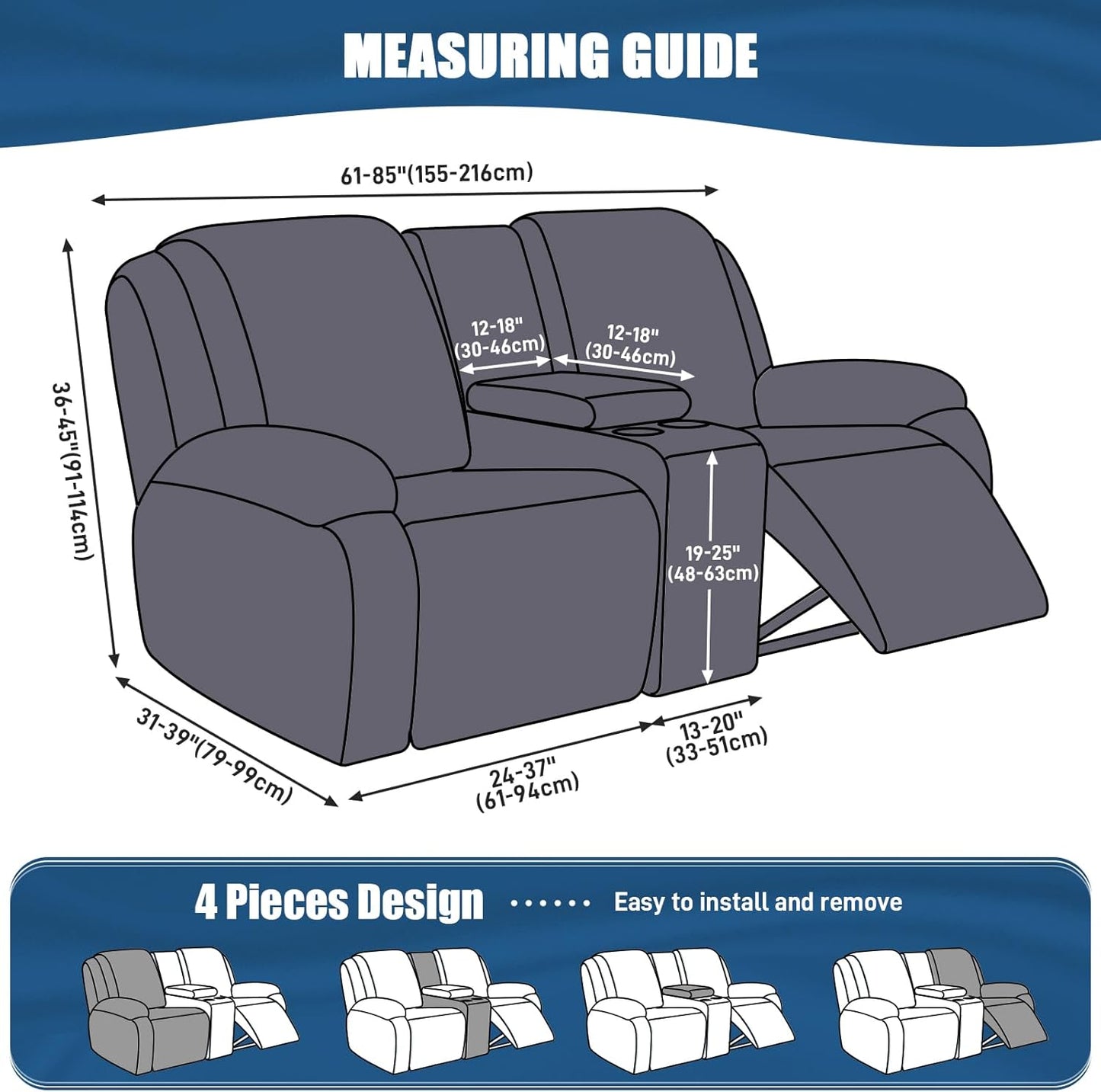 1-Piece Polyester Fabric Stretch Recliner Cover - 1 Recliner Chair/1 Seat armless /2 Seat with Console
