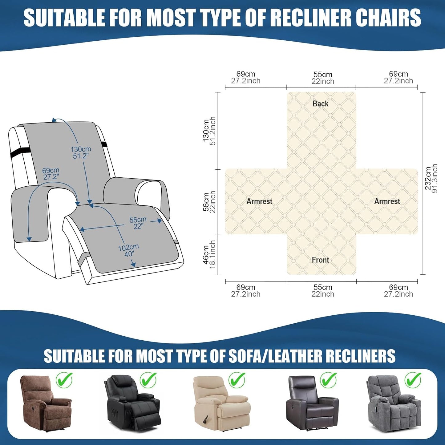 TAOCOCO 100% Waterproof Recliner Covers, Washable Couch Protector for Pets Kids -1 Seater 22"/28" /2 Seater/3 Seater
