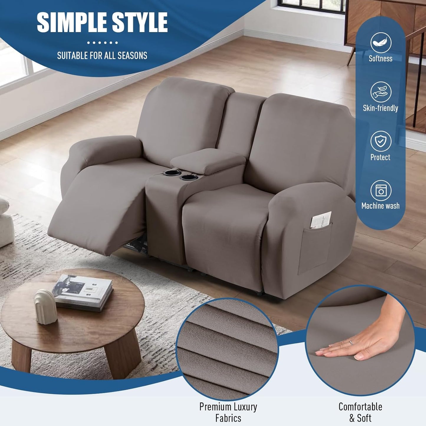 1-Piece Polyester Fabric Stretch Recliner Cover - 1 Recliner Chair/1 Seat armless /2 Seat with Console
