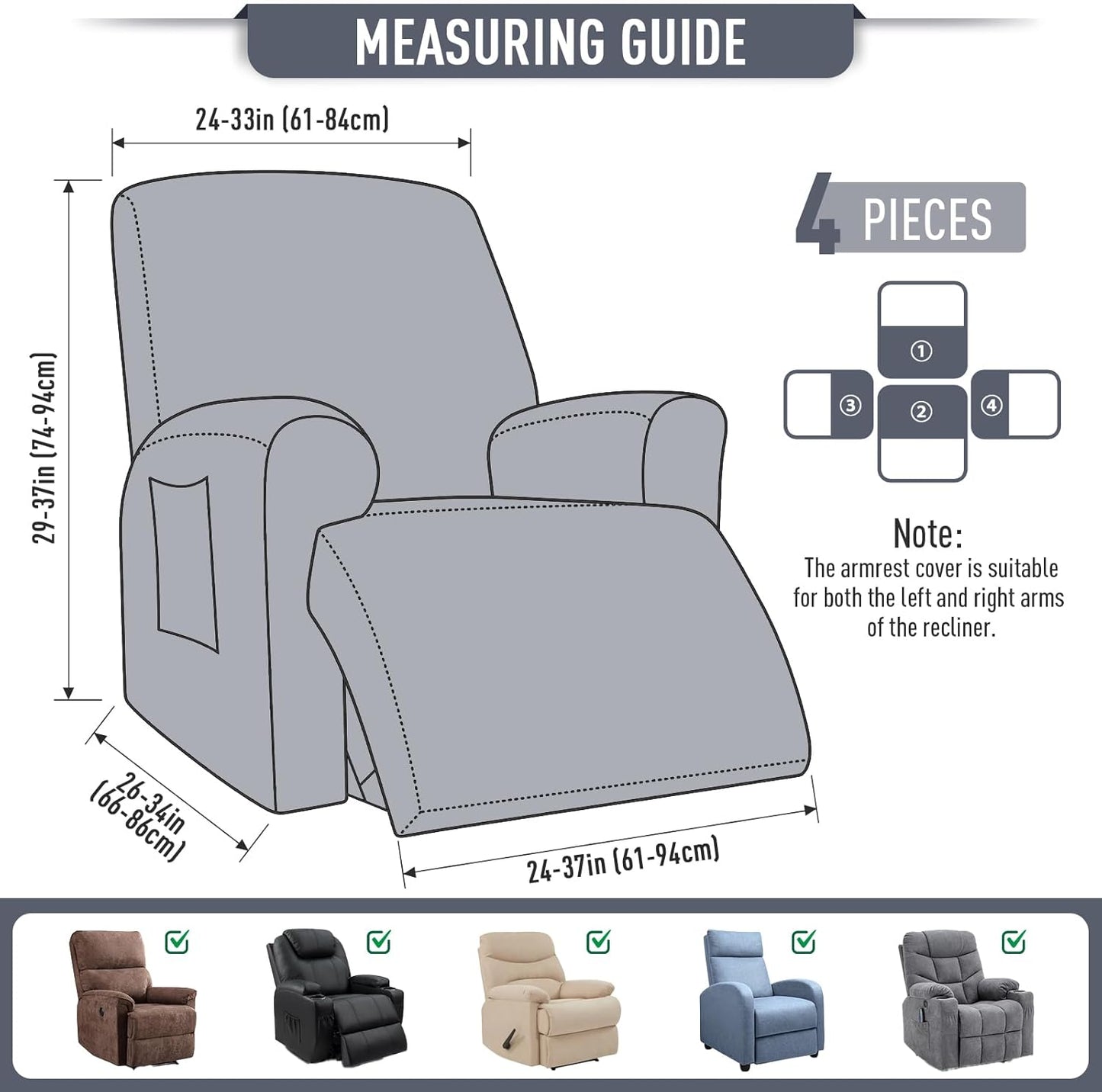 4-Pieces Stretch Recliner Cover-1 Seat/2 Seat/3 Seat