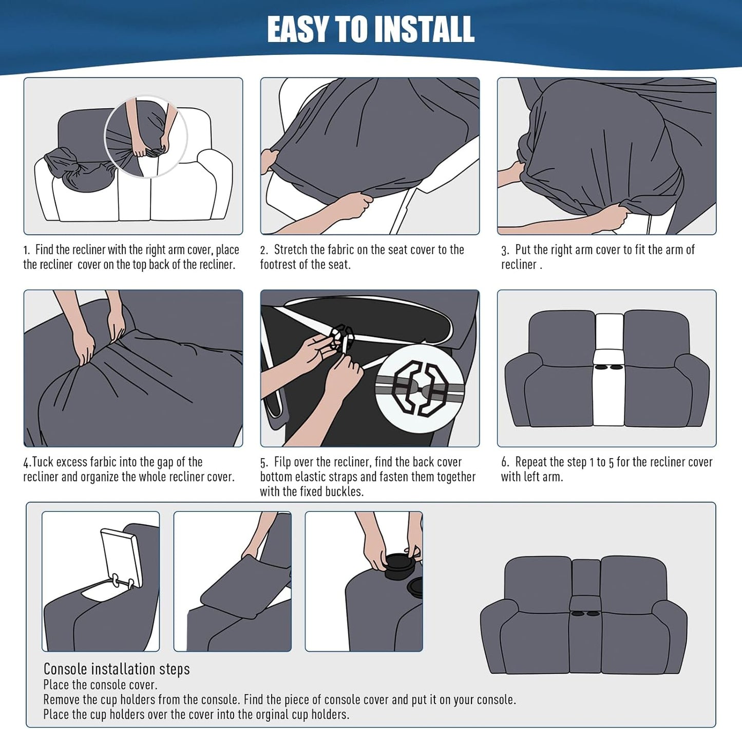 1-Piece Polyester Fabric Stretch Recliner Cover - 1 Recliner Chair/1 Seat armless /2 Seat with Console