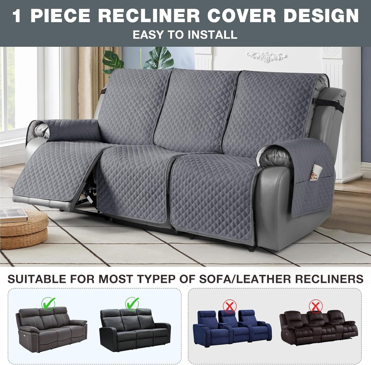 Anti-Slip Recliner Sofa Cover Couch Covers for Leather Recliner Sofa Cover- 2 Seater/3 Seater