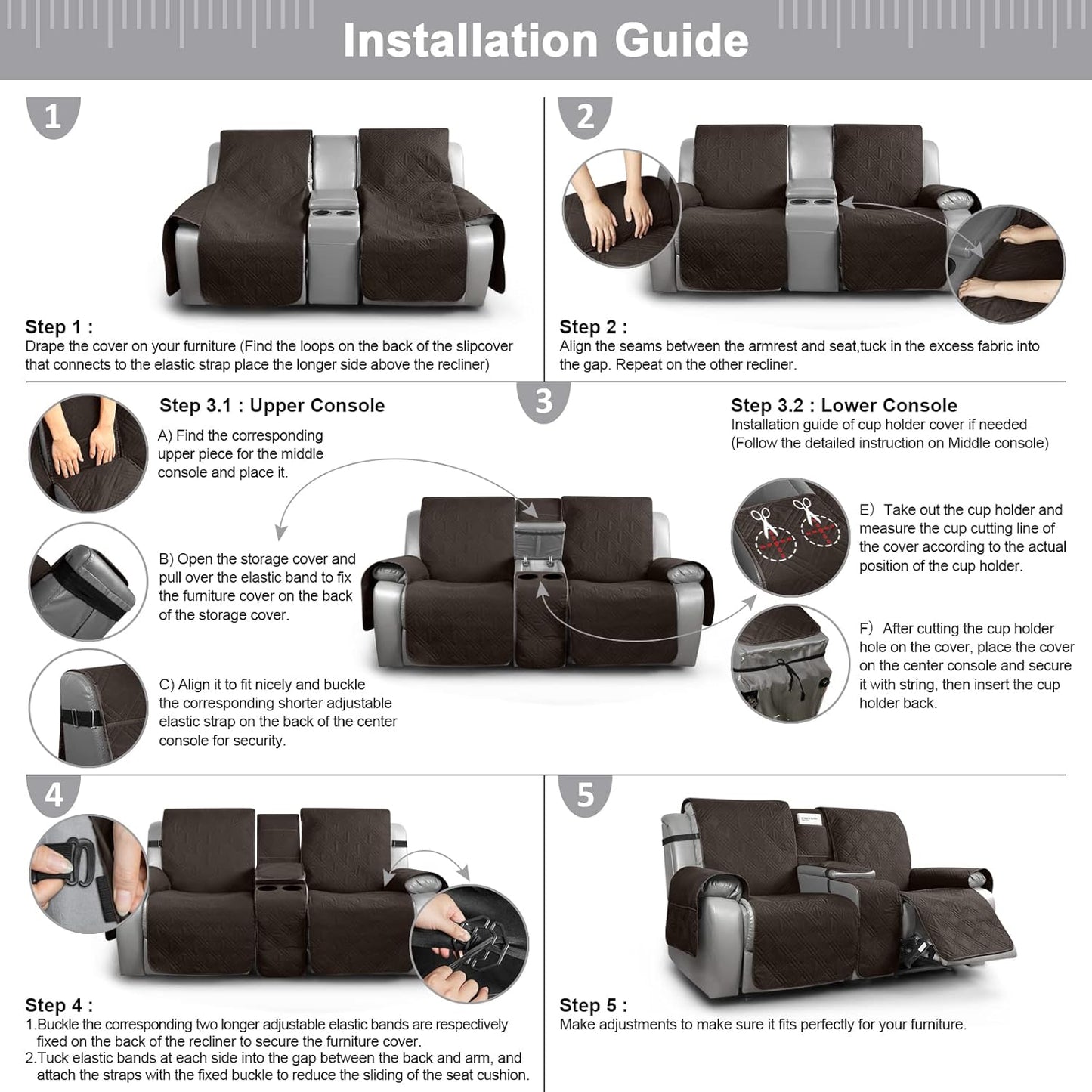 100% Waterproof Recliner Cover with Center Console -2 Seat /3 Seat