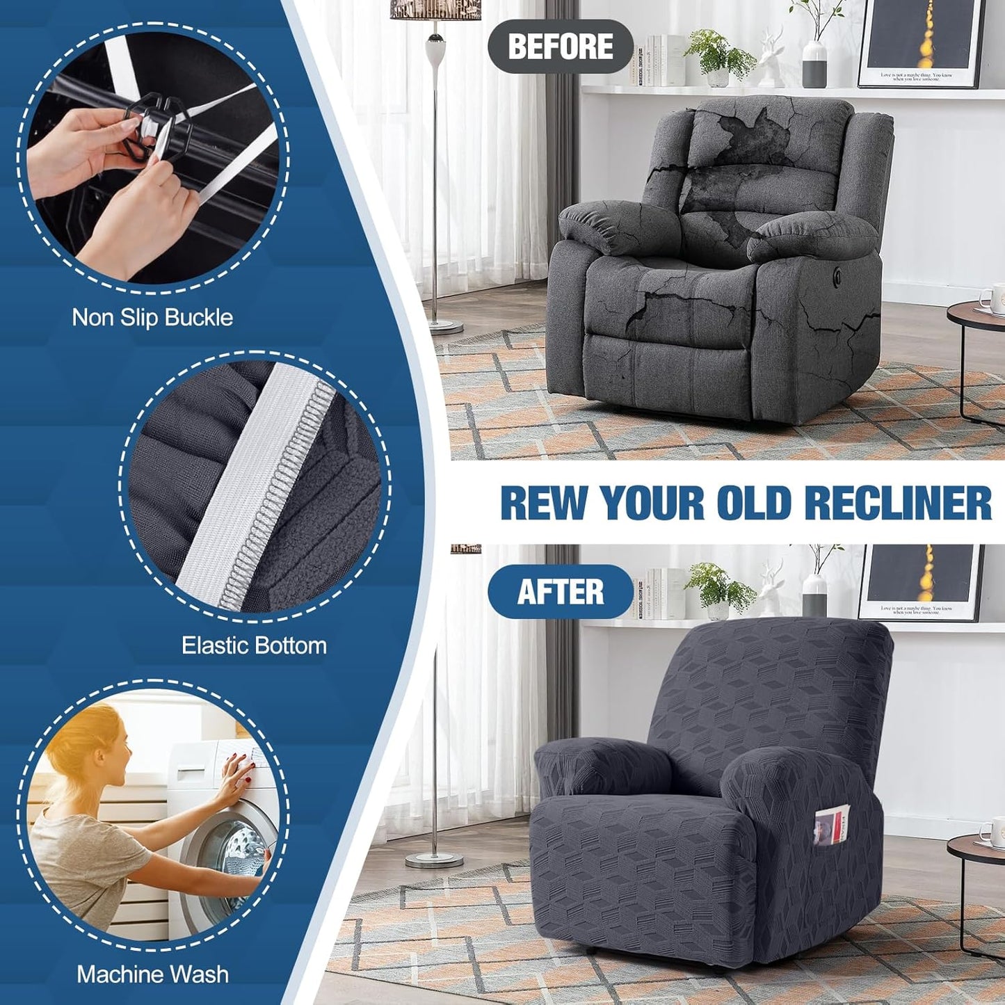 Stretch 3 Pieces Recliner Chair Covers - 1 Seater / 1 XL Seater / 2 Seater / 3 Seater