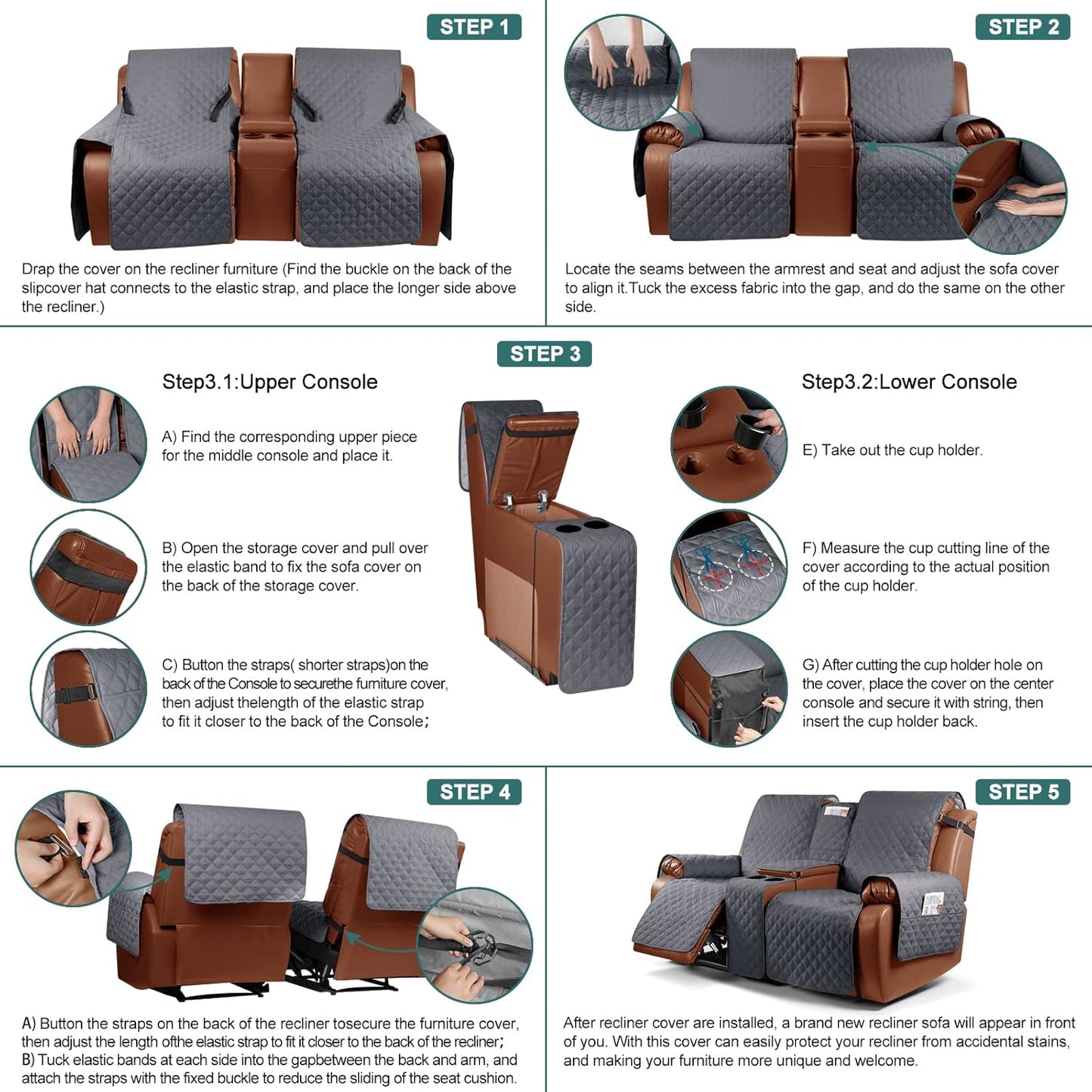 Waterproof Recliner Loveseat Cover with Console