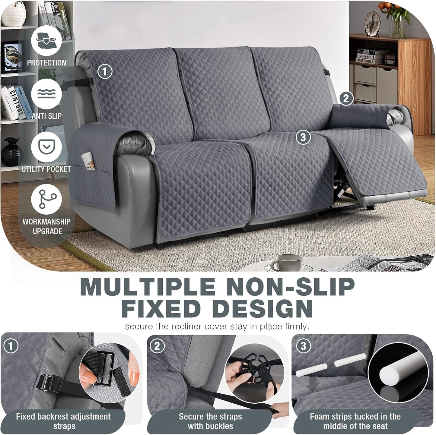 Anti-Slip Recliner Sofa Cover Couch Covers for Leather Recliner Sofa Cover- 2 Seater/3 Seater
