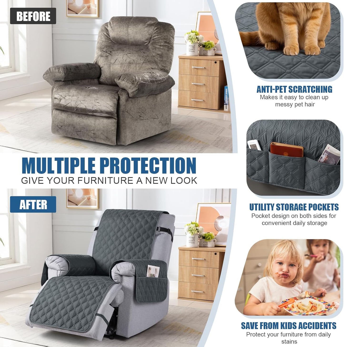 TAOCOCO 100% Waterproof Recliner Covers, Washable Couch Protector for Pets Kids -1 Seater 22"/28" /2 Seater/3 Seater