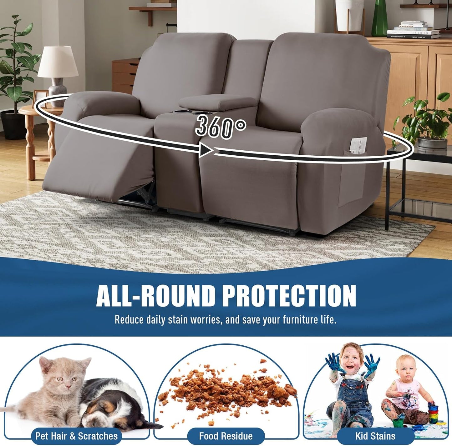 1-Piece Polyester Fabric Stretch Recliner Cover - 1 Recliner Chair/1 Seat armless /2 Seat with Console