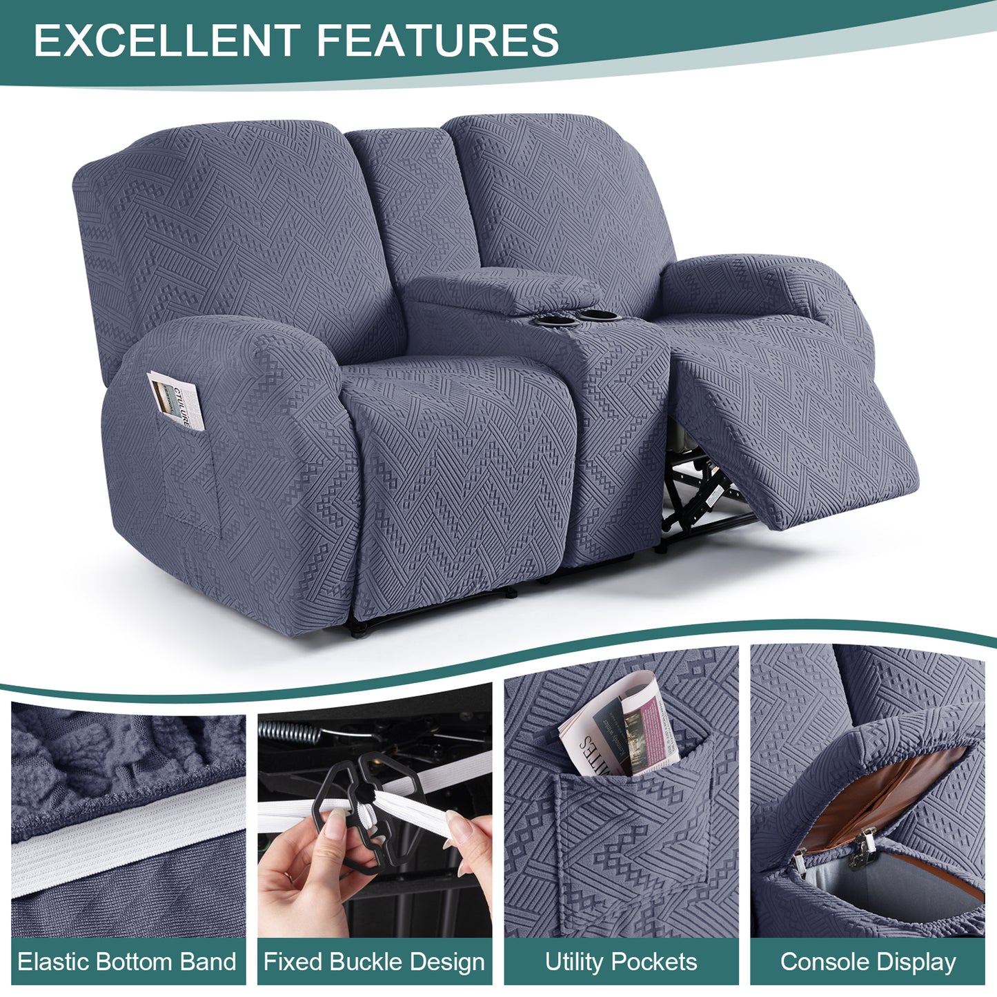 FENG LING GE 2 Seat Sofa Cover for Recliner with Console