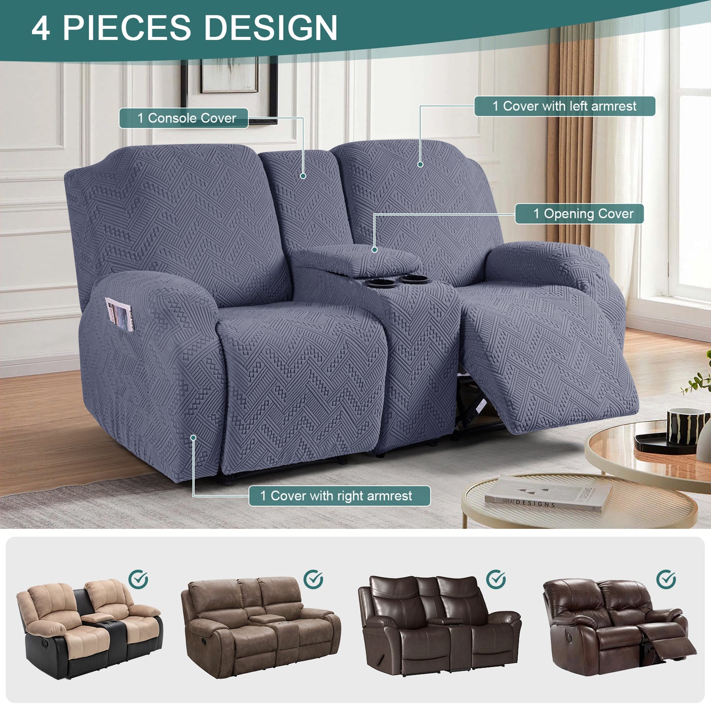FENG LING GE 2 Seat Sofa Cover for Recliner with Console