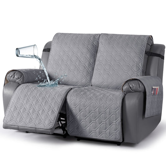 TAOCOCO 2 Seater Recliner Sofa Cover - Waterproof & Anti-Slip Armchair Slipcover - Reclining Chair Protector with Storage Pockets - Washable Furniture Cover for Dogs & Cats (Light Grey)