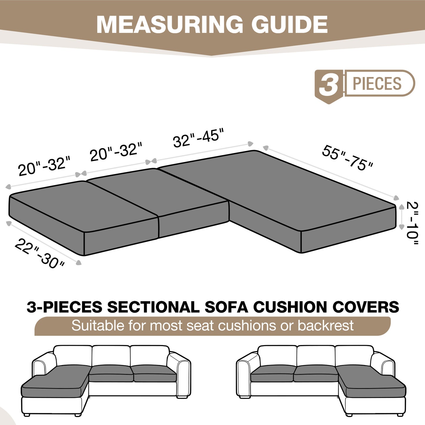 TAOCOCO 3-Piece L Shape Sectional Sofa Covers —2 Seater + 1 Chaise Cushion Covers