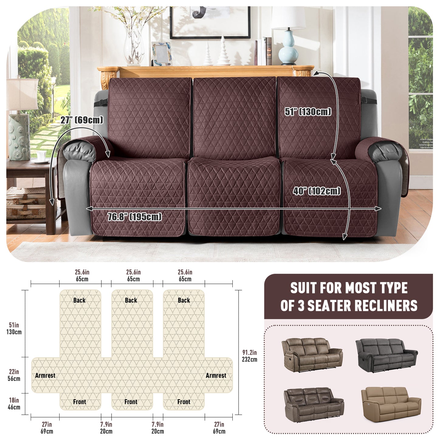 TAOCOCO 100% Waterproof 3-Seater Recliner Cover, One-Piece Non-Slip Washable Couch Protector