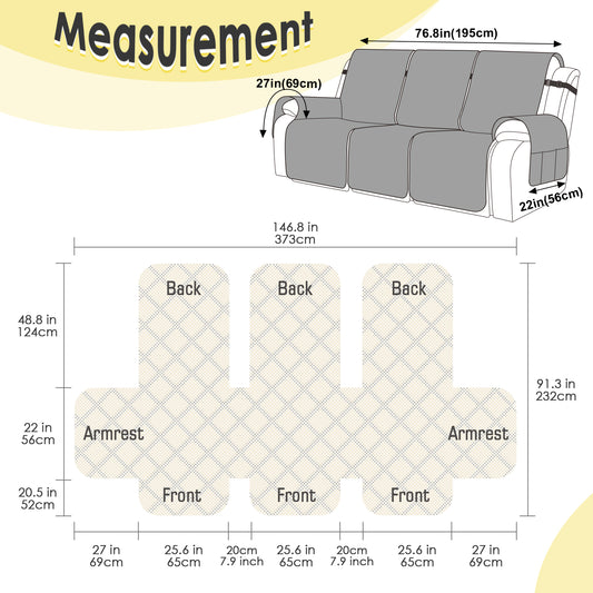 TAOCOCO 3 Seater Recliner Covers,Armchair Slipcovers,Waterproof Recliner Protector,Armchair Covers with Pockets,Anti Slip Reclining Sofa Covers,Arm Chair Covers for Pets/Dogs (Light Grey)