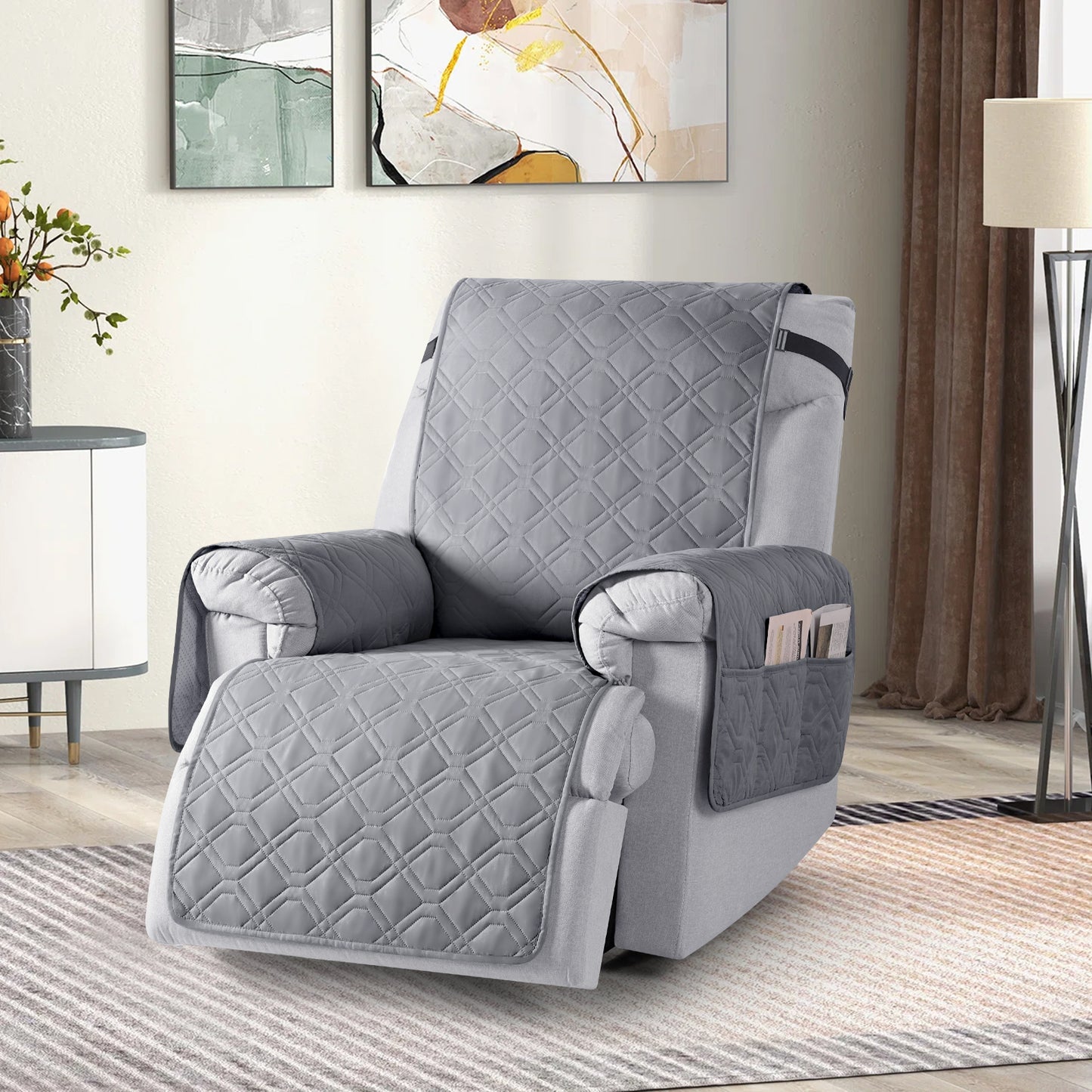 TAOCOCO 1 Seater Recliner Sofa Cover - Waterproof & Anti-Slip Armchair Slipcover - Reclining Chair Protector with Storage Pockets - Washable Furniture Cover for Dogs & Cats (Light Grey,22“ Seat Width)