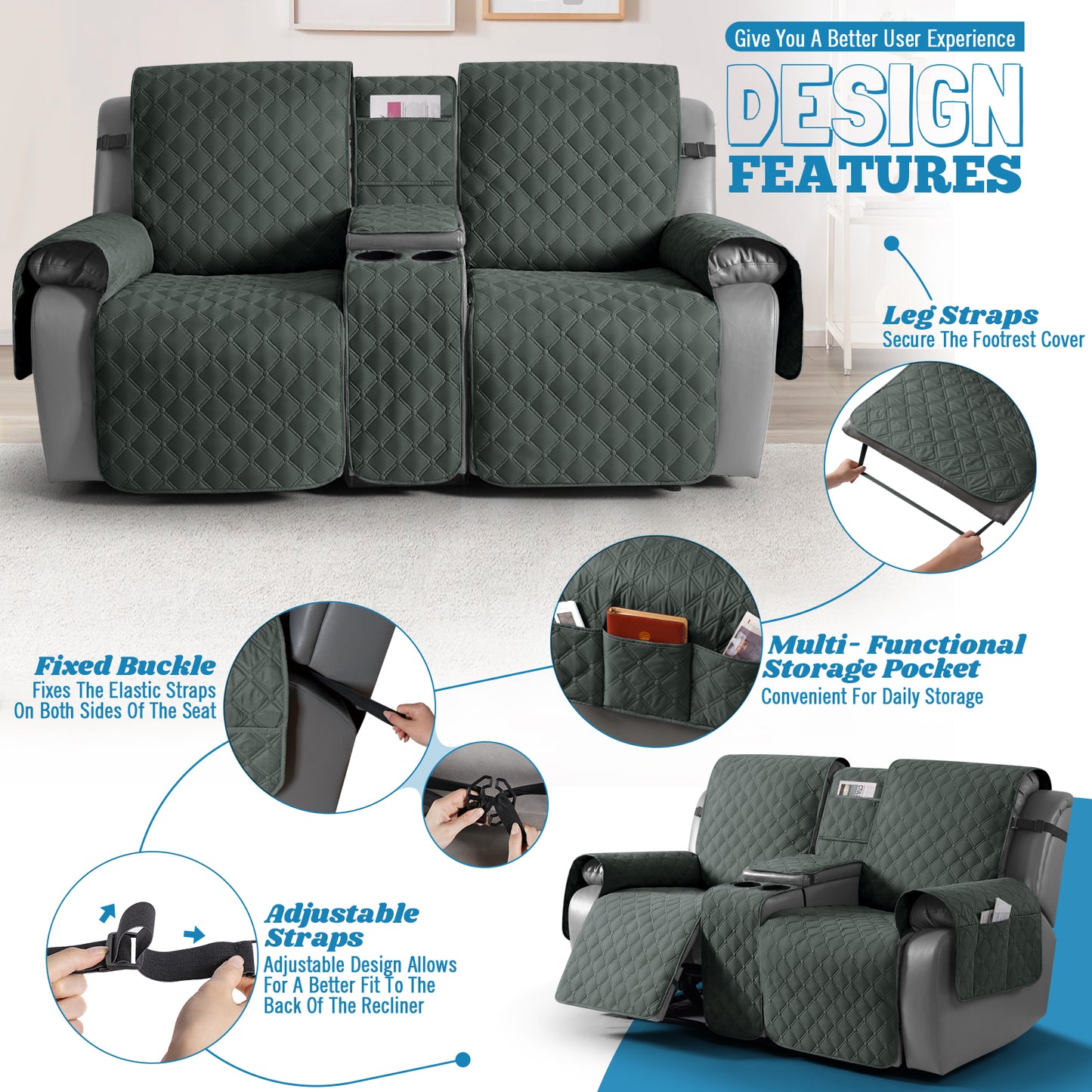 TAOCOCO 100% Waterproof Loveseat Recliner Cover with Center Console,  Washable Split Sofa Cover Protector for Pets Kids