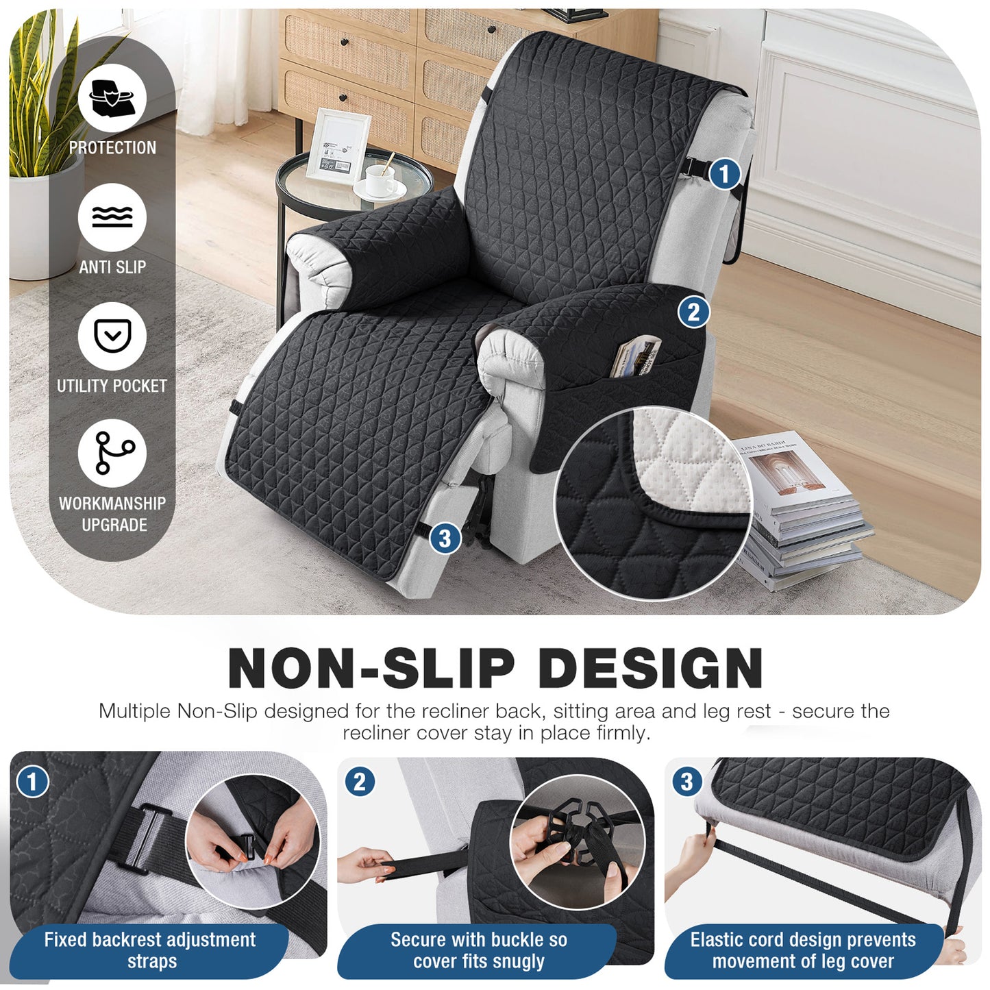 TAOCOCO Non Slip Solid Recliner Chair Covers with Pockets