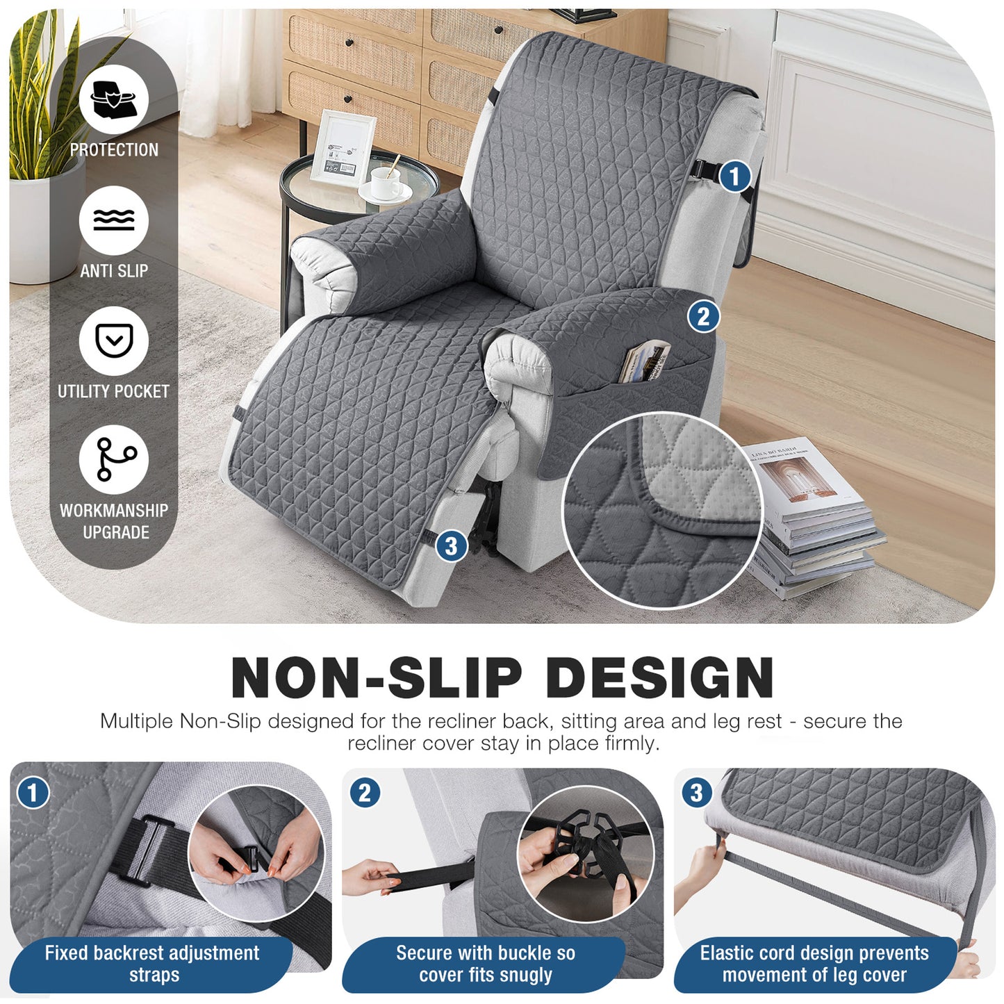 TAOCOCO Non Slip Solid Recliner Chair Covers with Pockets