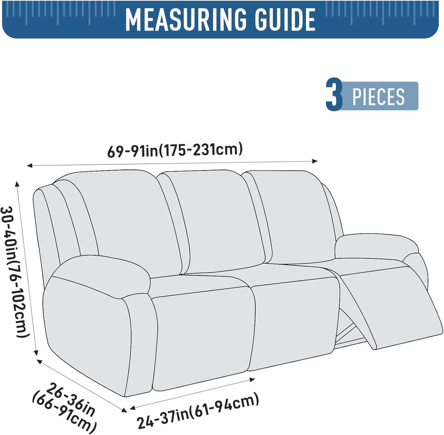 Stretch 3 Pieces Recliner Chair Covers - 1 Seater / 1 XL Seater / 2 Seater /2 XL Seater / 3 Seater