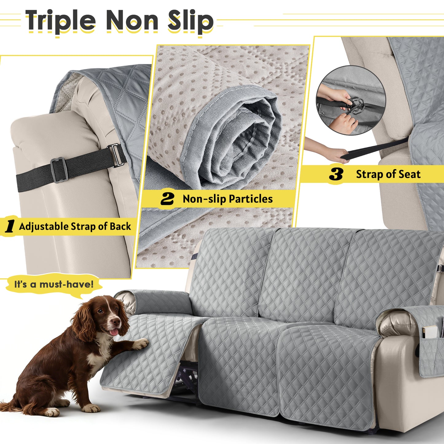 TAOCOCO 3 Seater Recliner Covers,Armchair Slipcovers,Waterproof Recliner Protector,Armchair Covers with Pockets,Anti Slip Reclining Sofa Covers,Arm Chair Covers for Pets/Dogs (Light Grey)