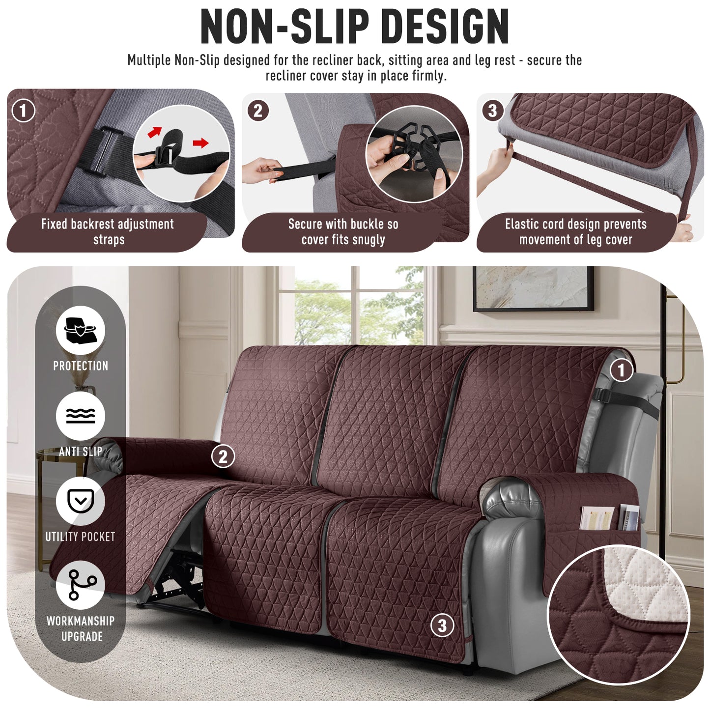 TAOCOCO 100% Waterproof 3-Seater Recliner Cover, One-Piece Non-Slip Washable Couch Protector