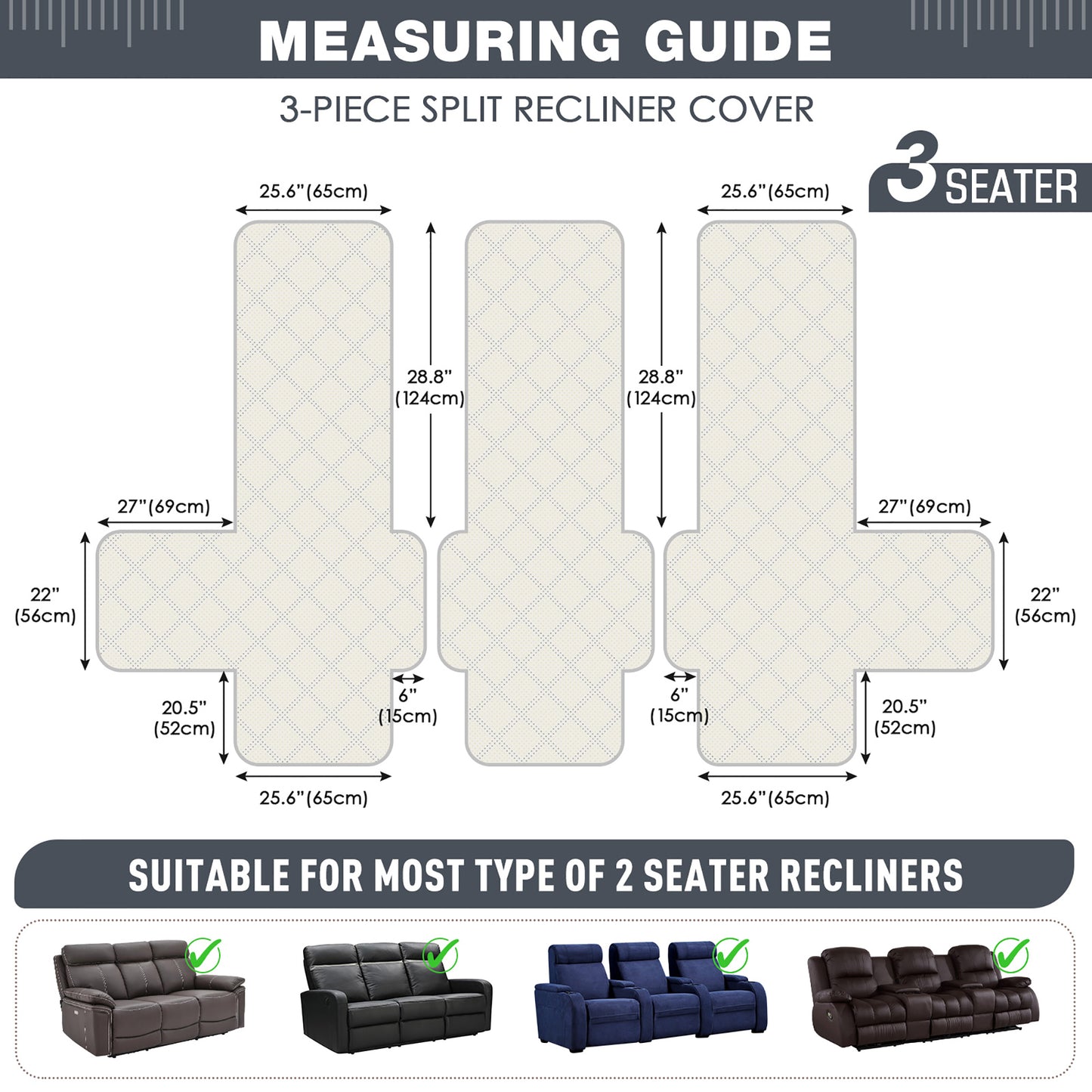 TAOCOCO Non-Slip Waterproof Recliner Sofa Covers- 2/3 Seater