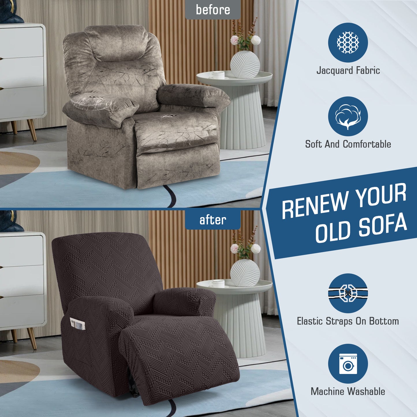 TAOCOCO Recliner Chair Cover, Stretch Sofa Cover 1 Seater With Arm Rest, Couch Cover Soft, Machine Washable Recliner Sofa Protector (Chocolate, 1 seater plus)