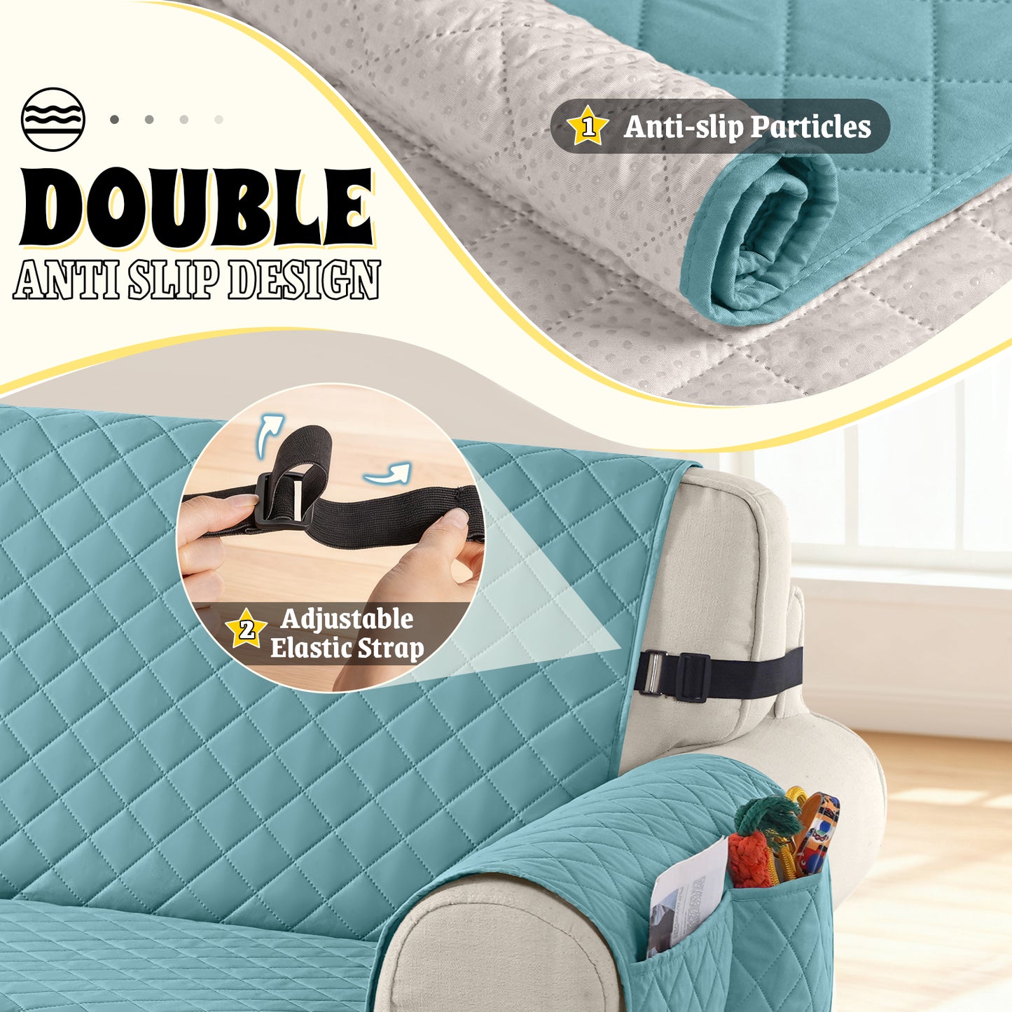 TAOCOCO Sofa Protector 100% Waterproof Sofa Covers 3 Seater,Sofa Slipcovers with Storage Pockets,Anti Slip Couch Covers(Sky Blue)