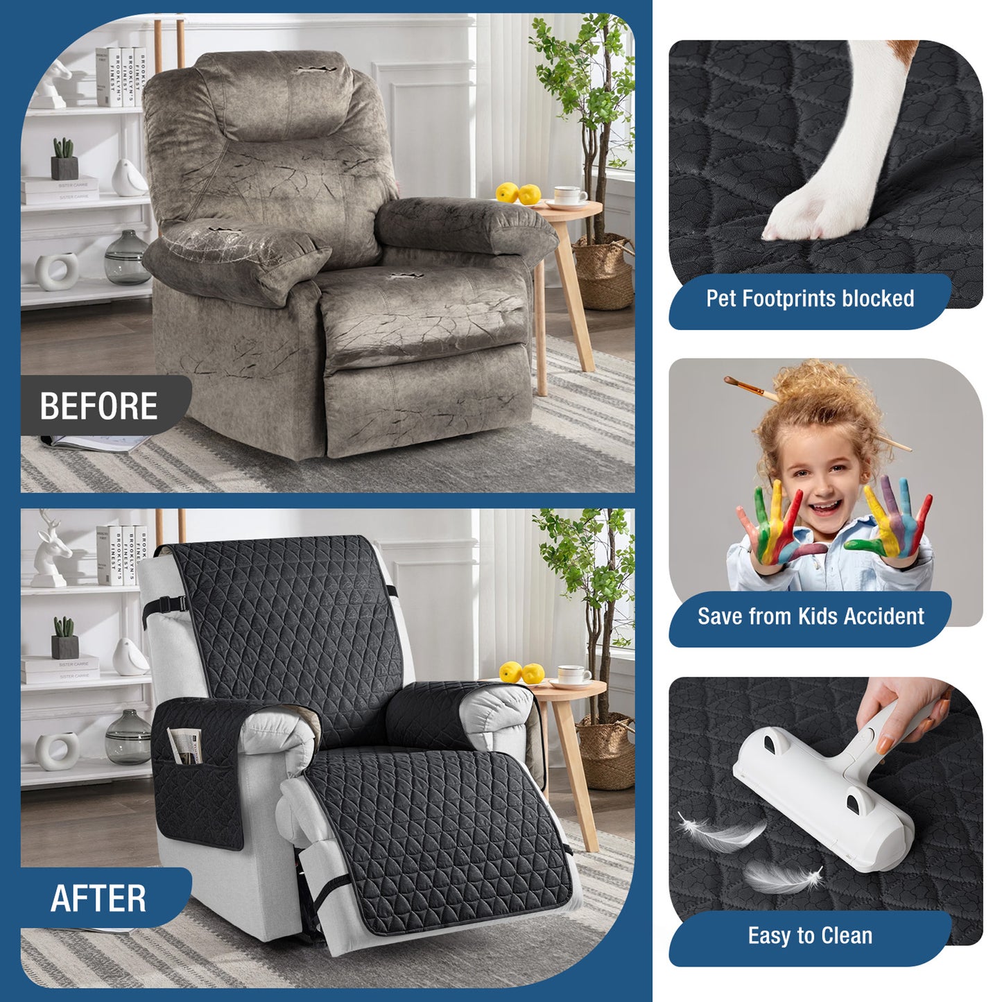 TAOCOCO Non Slip Solid Recliner Chair Covers with Pockets