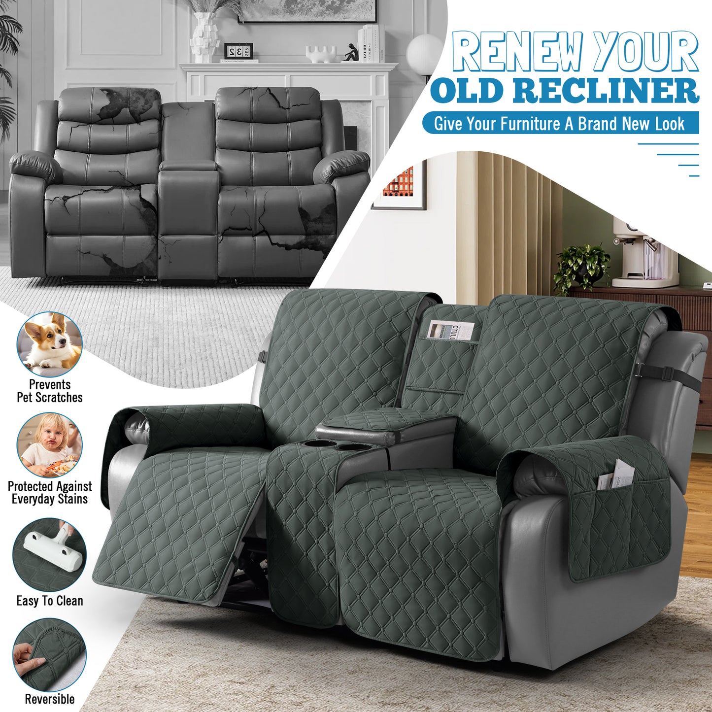 TAOCOCO 100% Waterproof Loveseat Recliner Cover with Center Console,  Washable Split Sofa Cover Protector for Pets Kids