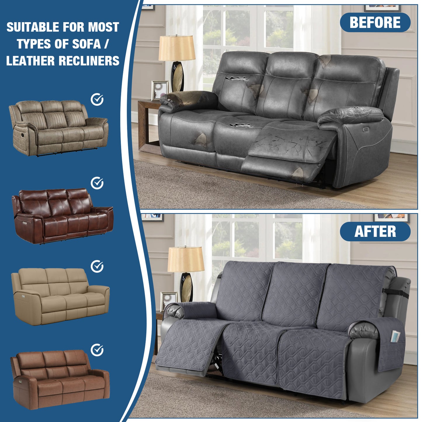 TAOCOCO 3 Seater Recliner Sofa Cover - Waterproof & Anti-Slip Armchair Slipcover - Reclining Chair Protector with Storage Pockets - Washable Furniture Cover for Dogs & Cats (Drak Grey)