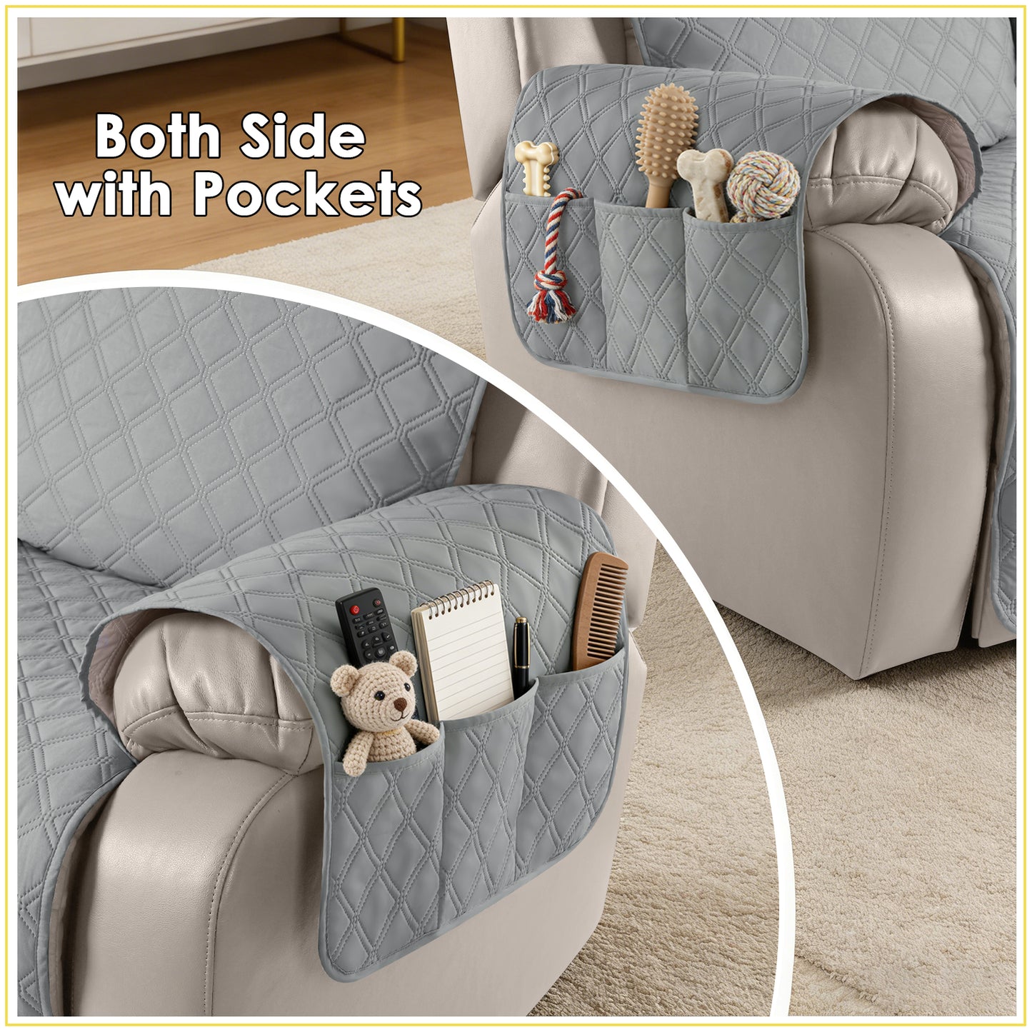 TAOCOCO 3 Seater Recliner Covers,Armchair Slipcovers,Waterproof Recliner Protector,Armchair Covers with Pockets,Anti Slip Reclining Sofa Covers,Arm Chair Covers for Pets/Dogs (Light Grey)