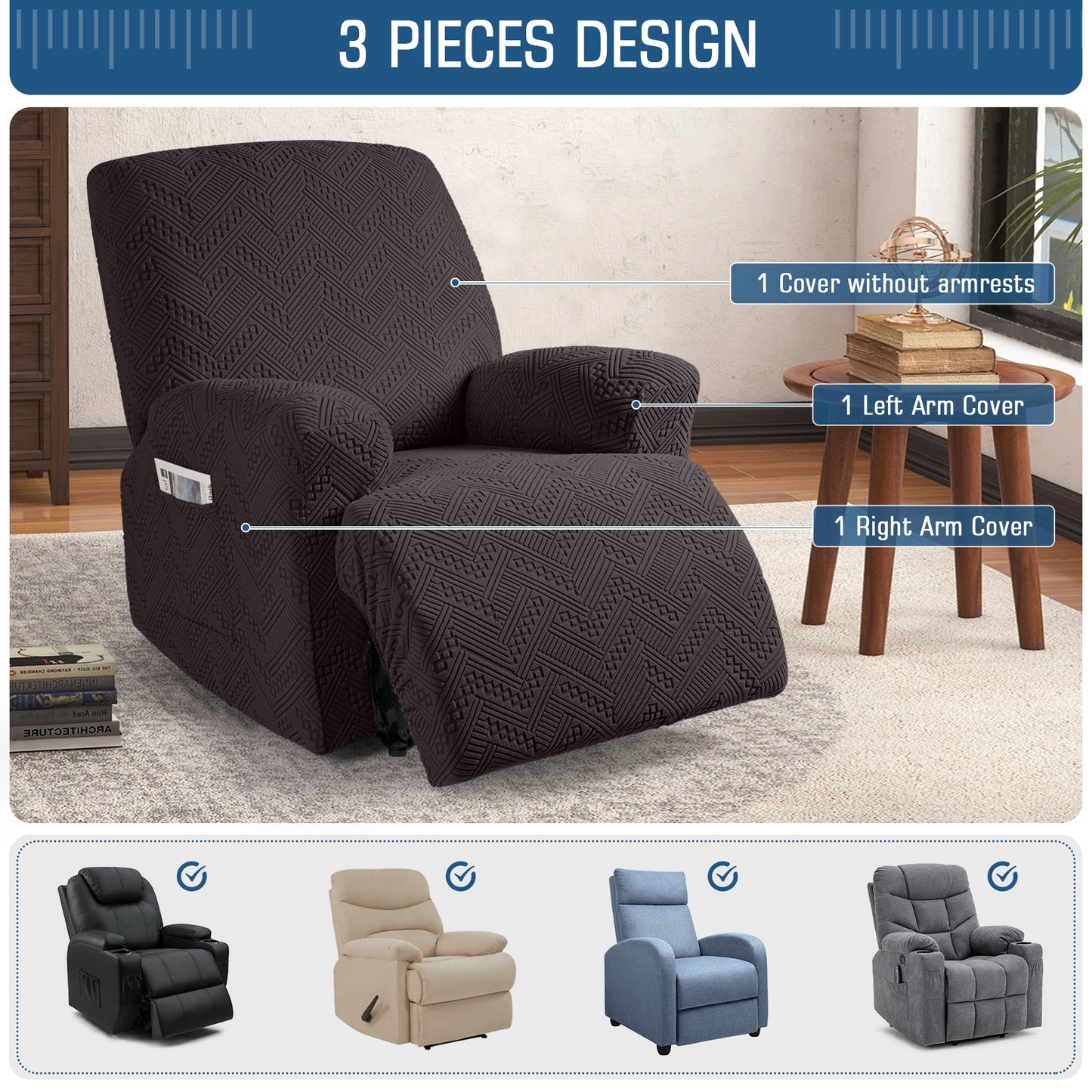 TAOCOCO Recliner Chair Cover, Stretch Sofa Cover 1 Seater With Arm Rest, Couch Cover Soft, Machine Washable Recliner Sofa Protector (Chocolate, 1 seater plus)