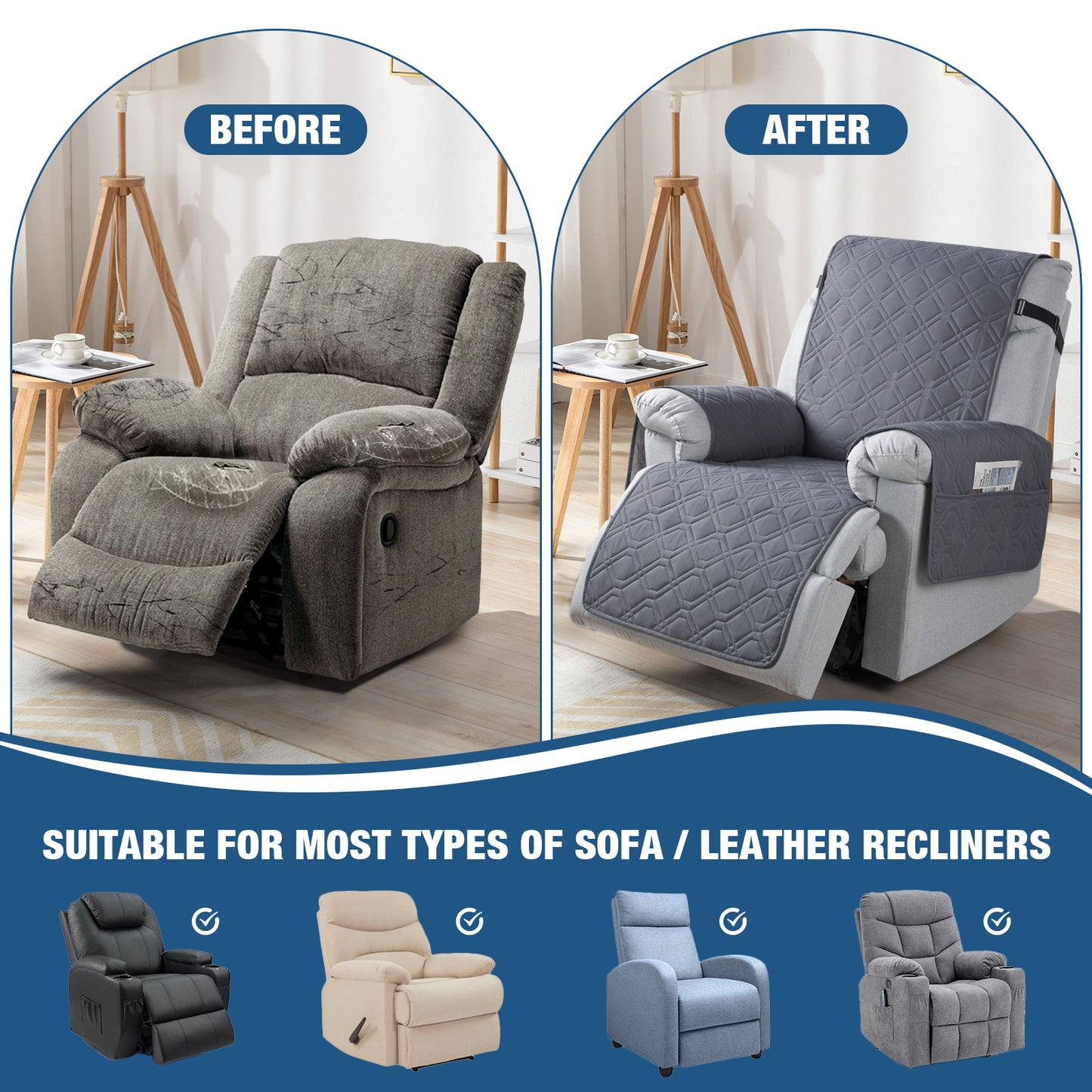 TAOCOCO 1 Seater Recliner Sofa Cover - Waterproof & Anti-Slip Armchair Slipcover - Reclining Chair Protector with Storage Pockets - Washable Furniture Cover for Dogs & Cats (Dark Grey,25“ Seat Width)