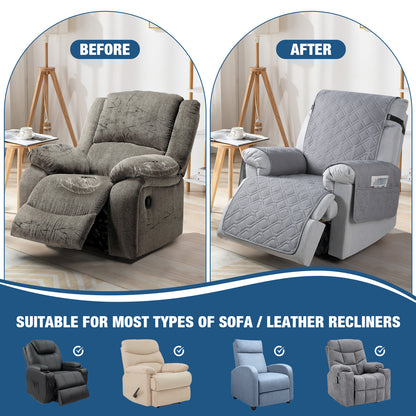 TAOCOCO 1 Seater Recliner Sofa Cover - Waterproof & Anti-Slip Armchair Slipcover - Reclining Chair Protector with Storage Pockets - Washable Furniture Cover for Dogs & Cats (Light Grey,22“ Seat Width)