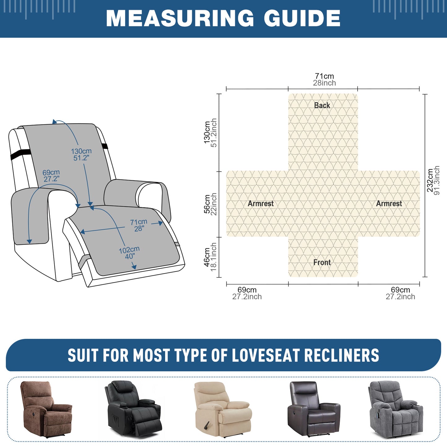 TAOCOCO Non Slip Solid Recliner Chair Covers with Pockets