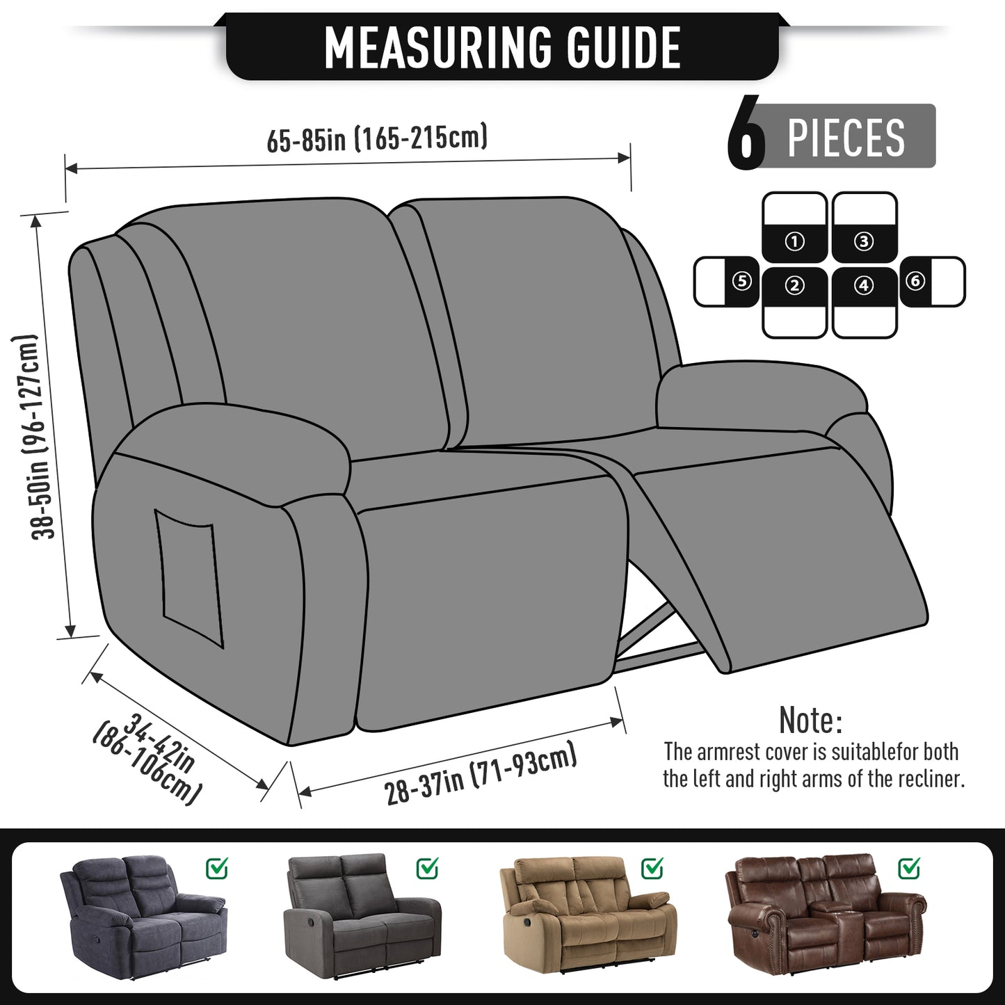 TAOCOCO 6-Piece 2XL Dual Recliner Loveseat Slipcover, Stretch Jacquard 2-Seater Sofa Cover