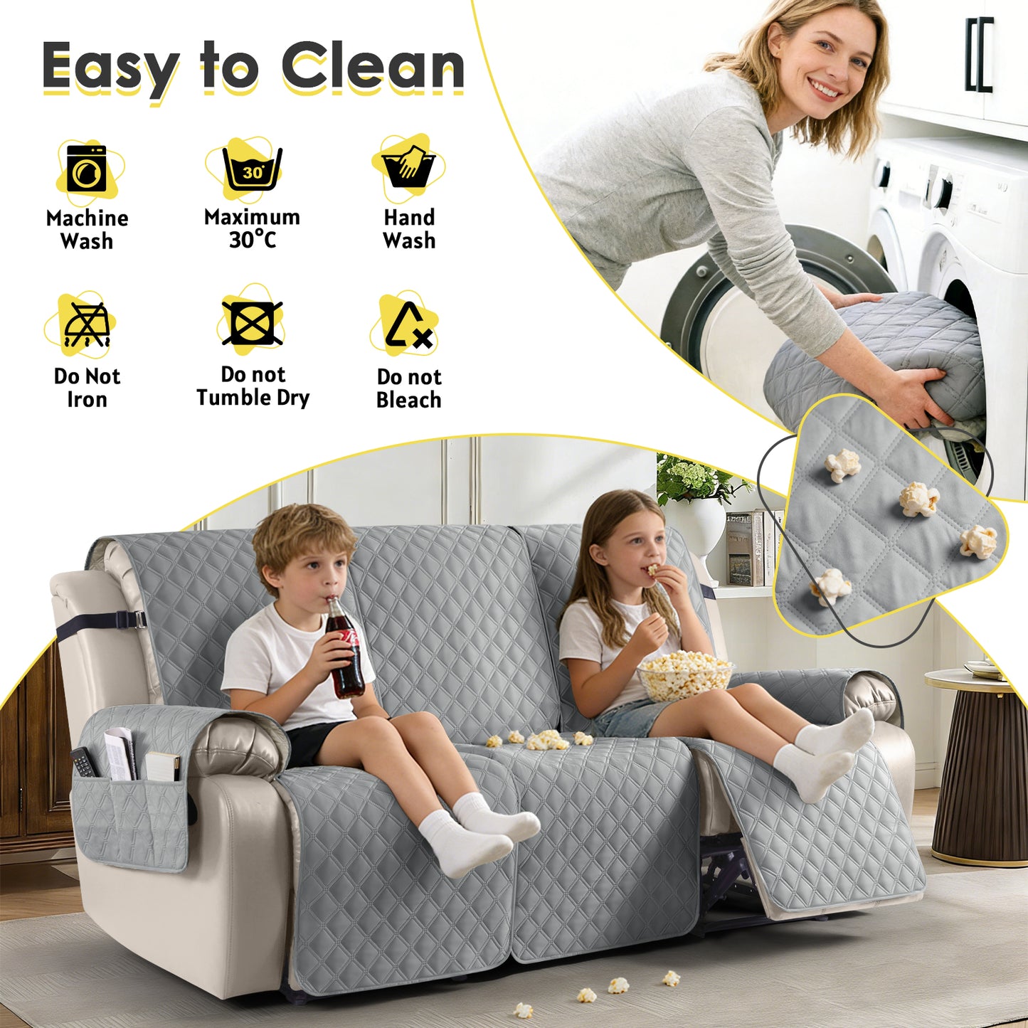 TAOCOCO 3 Seater Recliner Covers,Armchair Slipcovers,Waterproof Recliner Protector,Armchair Covers with Pockets,Anti Slip Reclining Sofa Covers,Arm Chair Covers for Pets/Dogs (Light Grey)