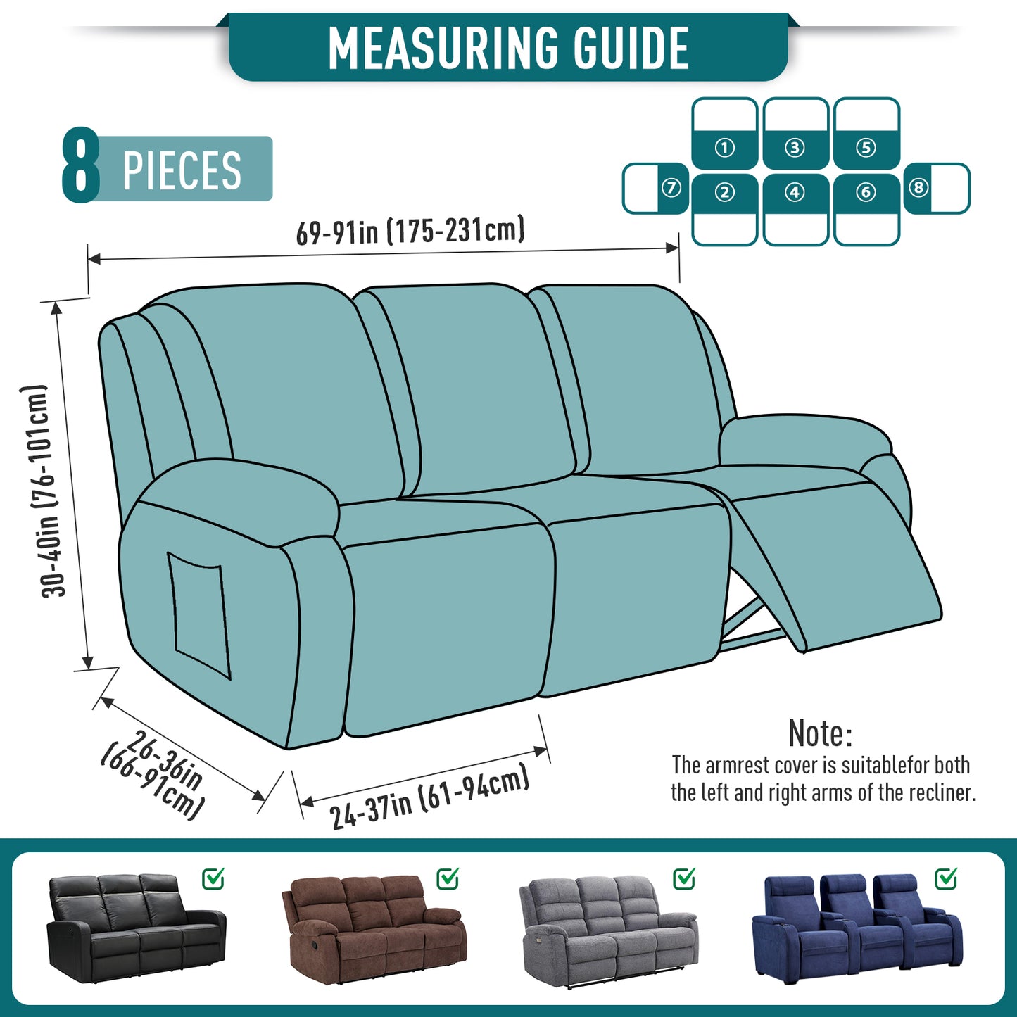 TAOCOCO Recliner Cover 8-Pieces Stretch Recliner Cover-3 Seat