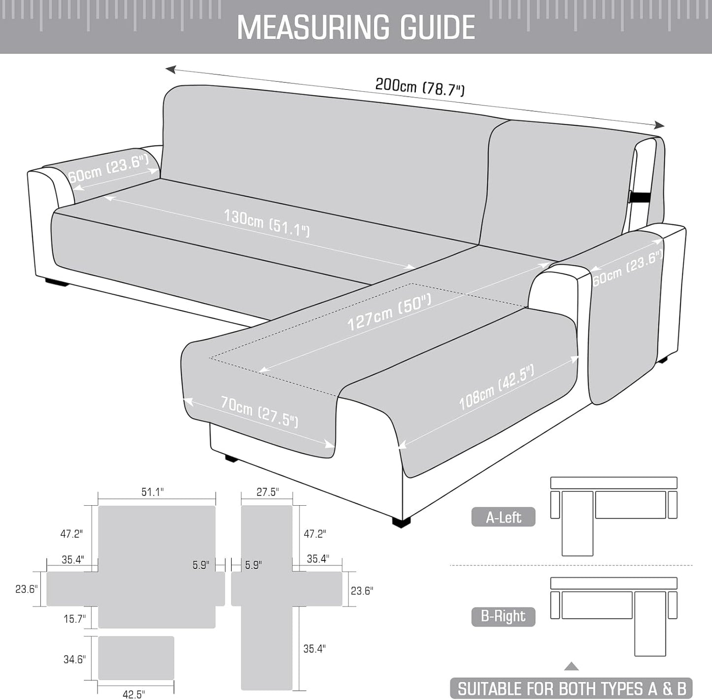 TAOCOCO 100% Waterproof 3-Piece Reversible L-Shaped Sectional Sofa Cover with Chaise, Small Size