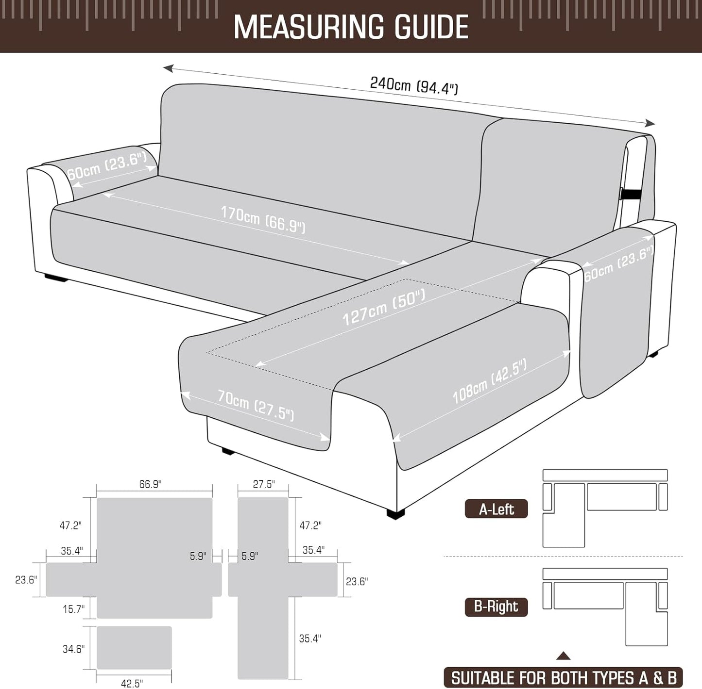 TAOCOCO 100% Waterproof 3-Piece Reversible L-Shaped Sectional Sofa Cover with Chaise, Large Size