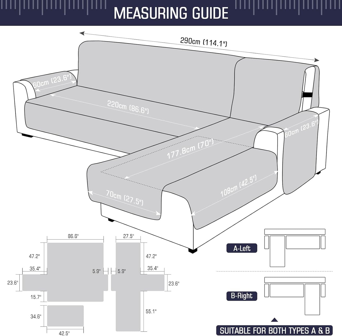 TAOCOCO 100% Waterproof 3-Piece Reversible L-Shaped Sectional Sofa Cover with Chaise,X-Large