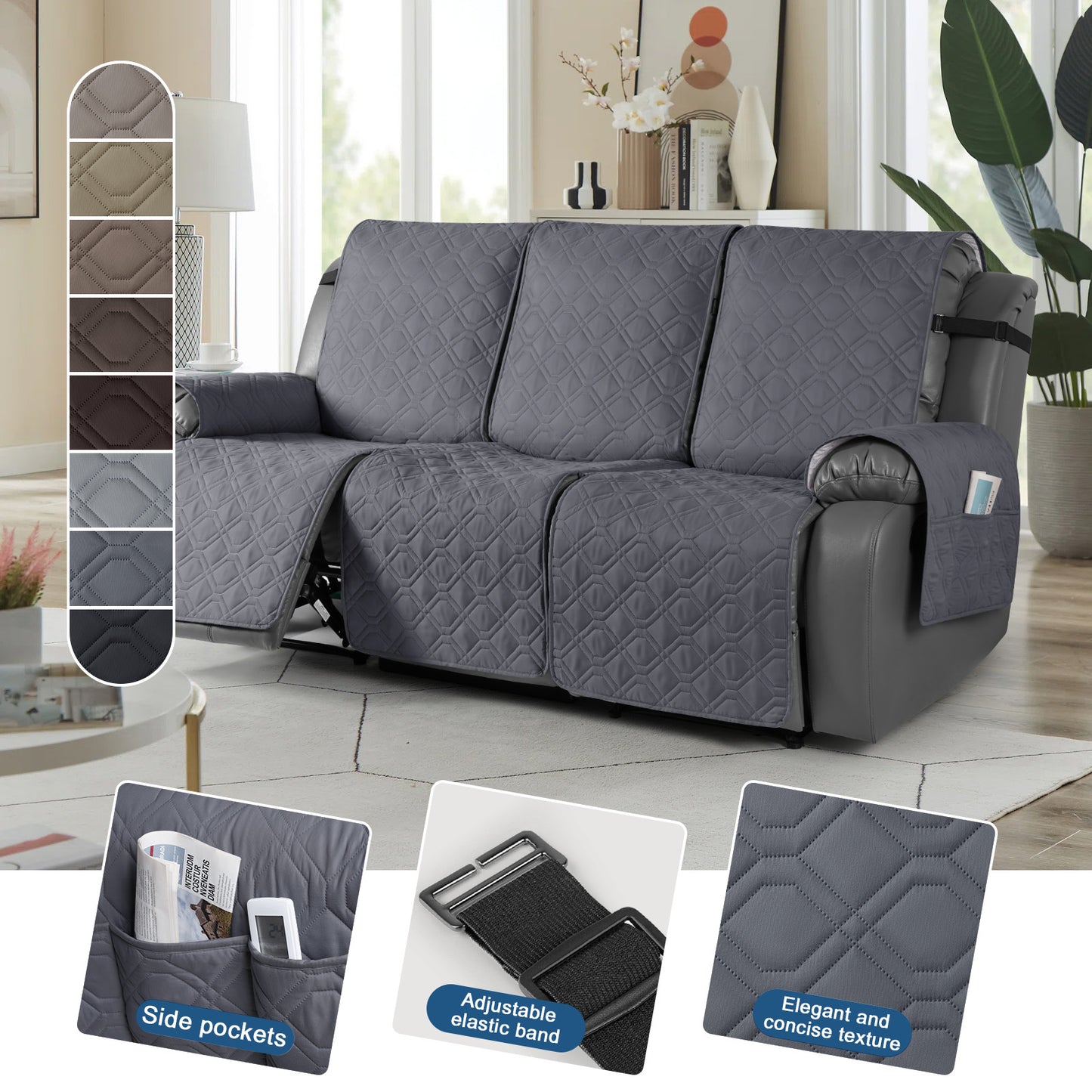 TAOCOCO 3 Seater Recliner Sofa Cover - Waterproof & Anti-Slip Armchair Slipcover - Reclining Chair Protector with Storage Pockets - Washable Furniture Cover for Dogs & Cats (Drak Grey)