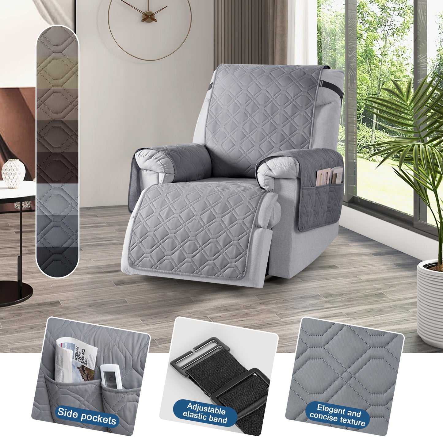 TAOCOCO 1 Seater Recliner Sofa Cover - Waterproof & Anti-Slip Armchair Slipcover - Reclining Chair Protector with Storage Pockets - Washable Furniture Cover for Dogs & Cats (Light Grey,22“ Seat Width)