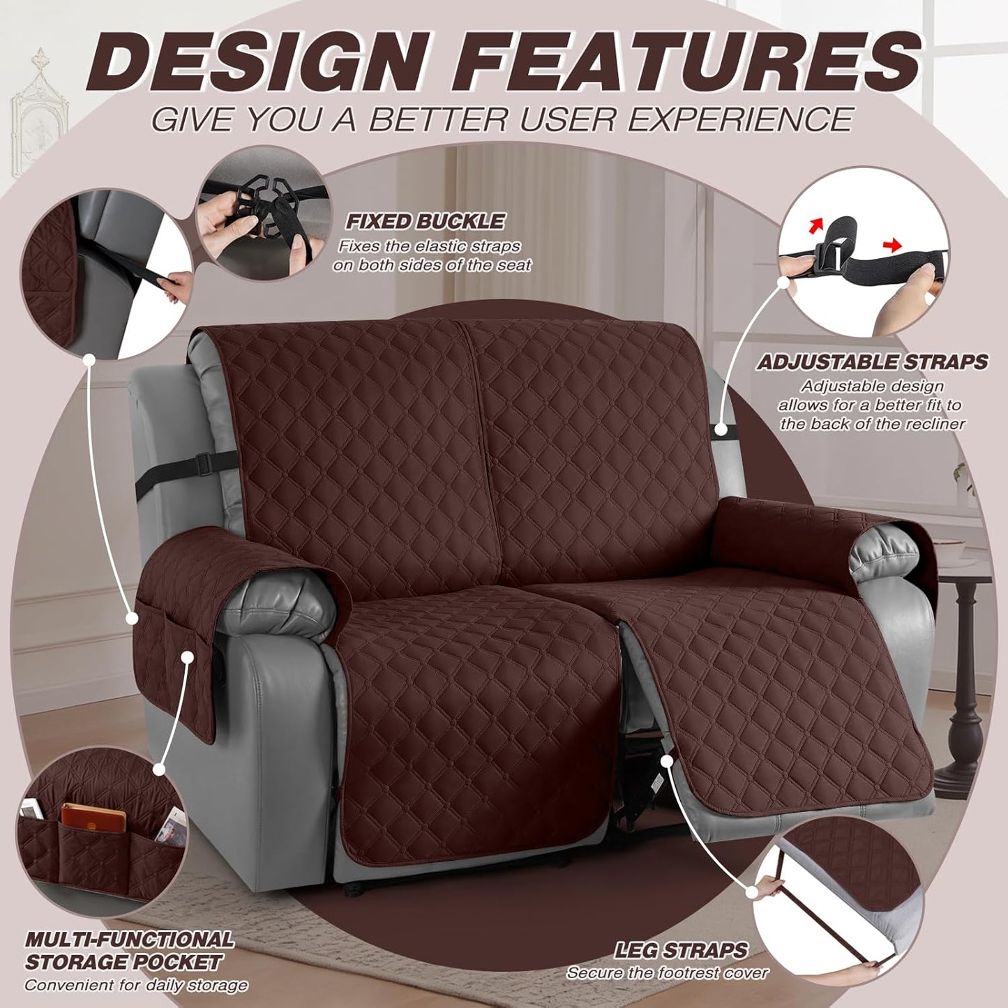 TAOCOCO 100% Waterproof 2-Seater Recliner Cover with Leg Straps, Reversible Washable Pet Sofa Protector