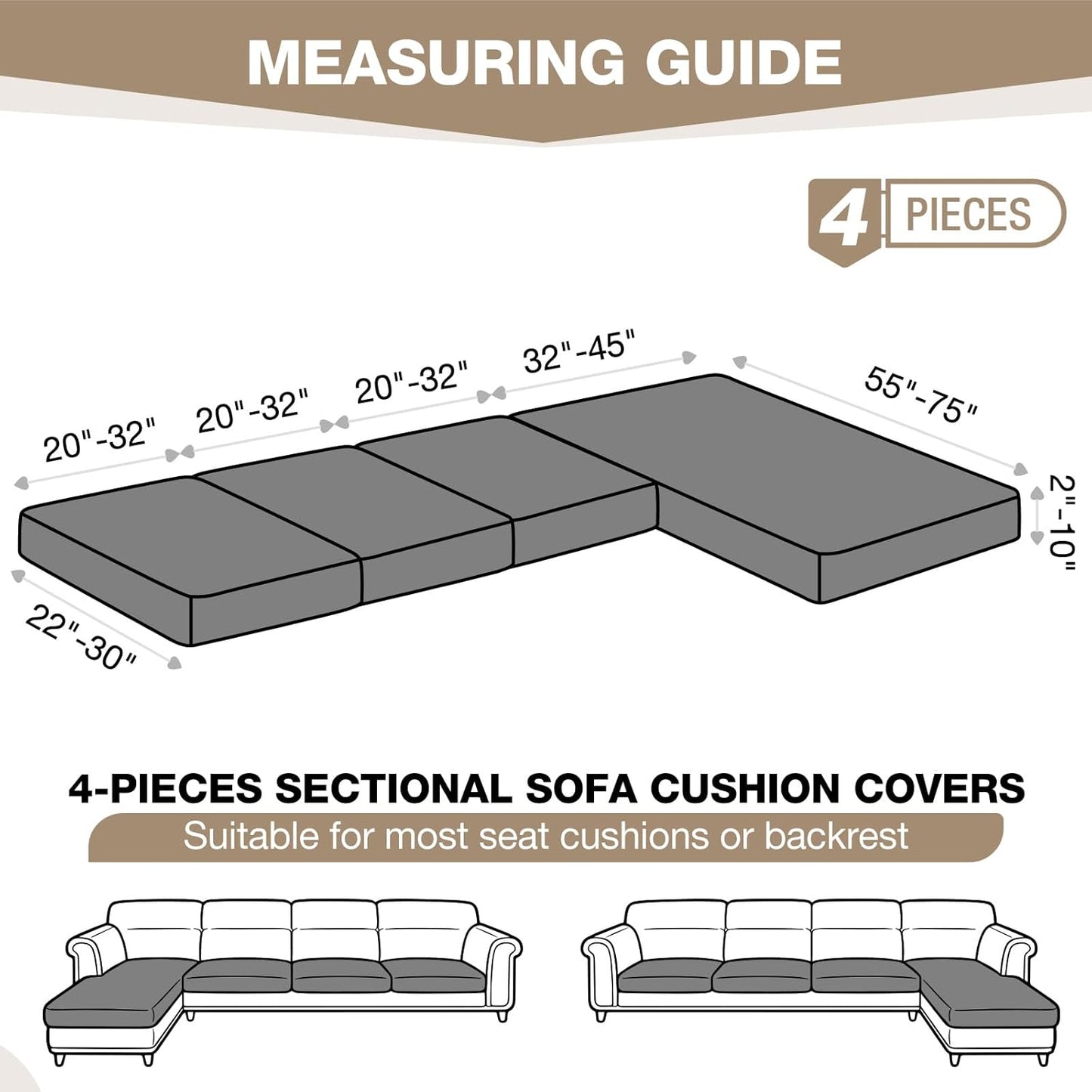 TAOCOCO 3-Piece L Shape Sectional Sofa Covers —3 Seater + 1 Chaise Cushion Covers